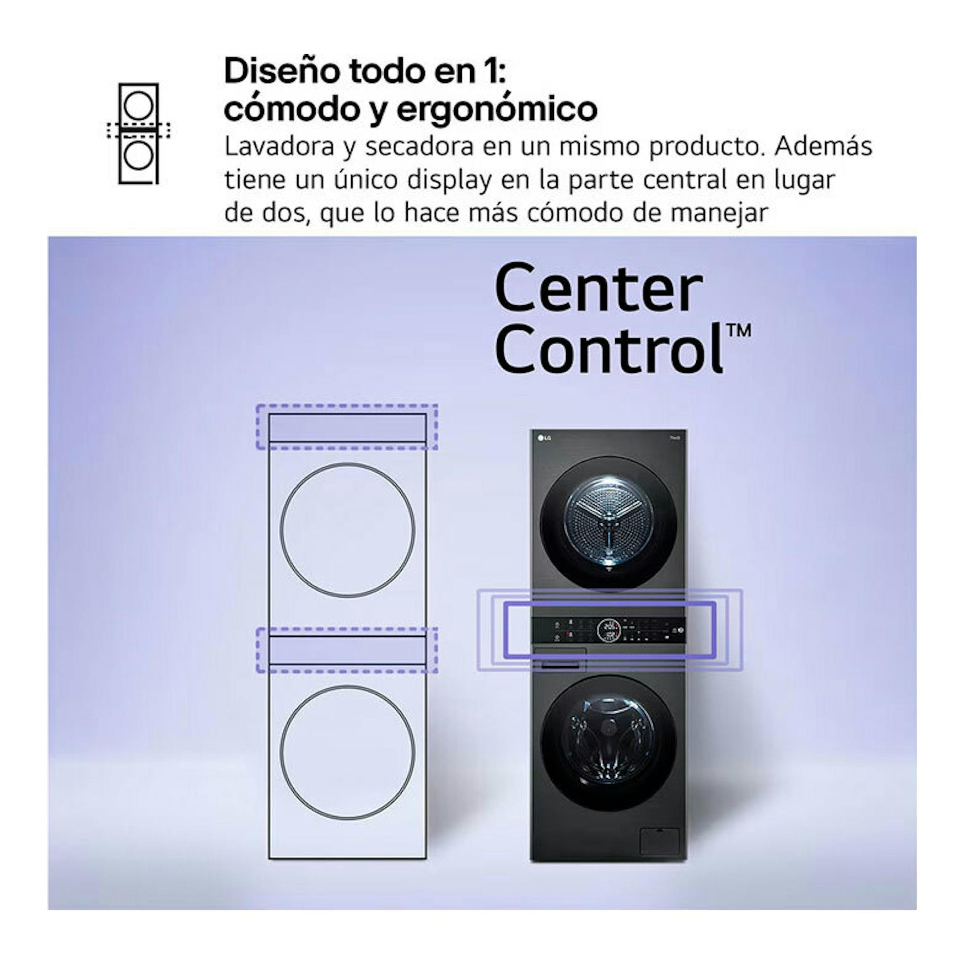 Torre de lavado LG WT1210BBF en negro grafito, vista frontal, con lavadora y secadora apiladas y panel central.