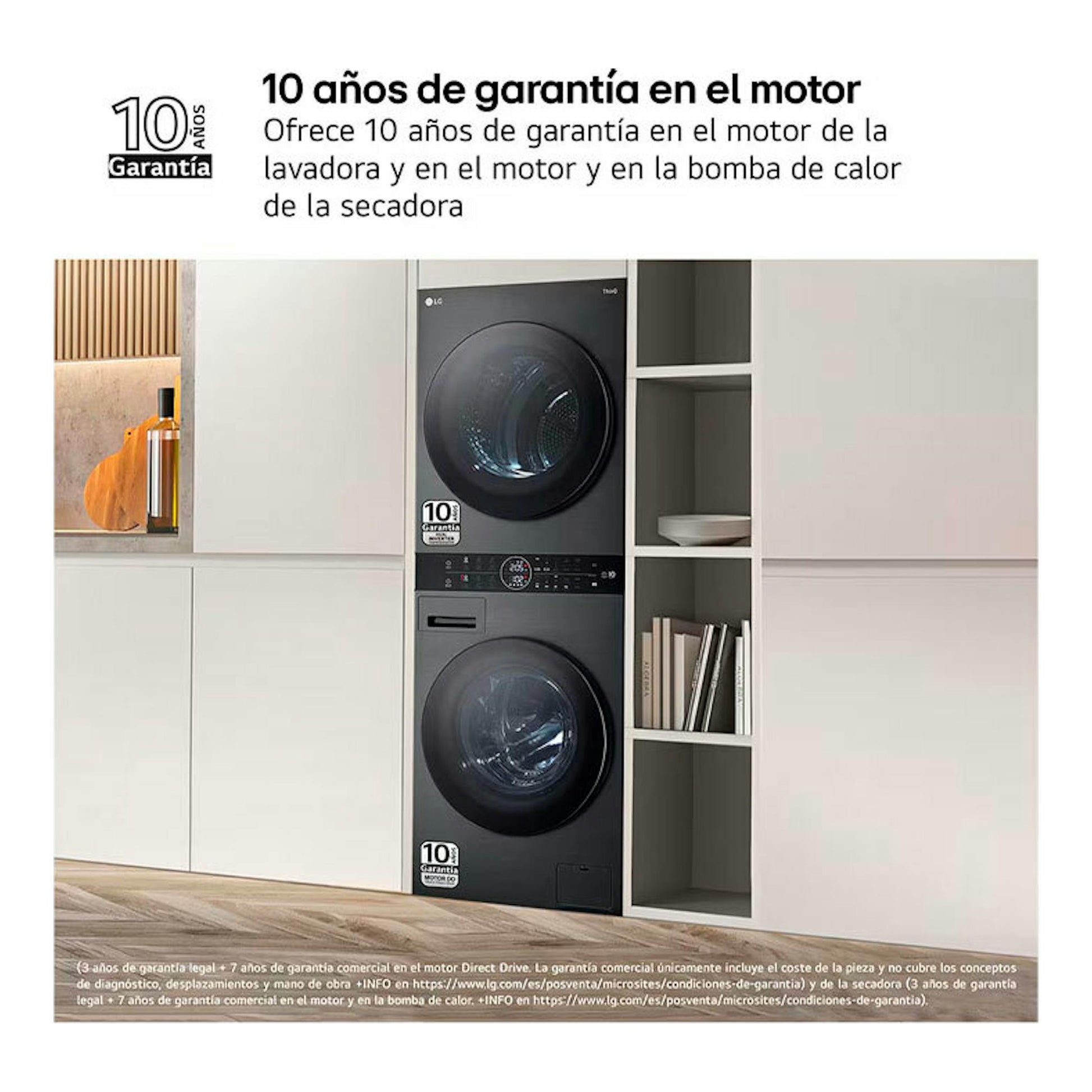 Torre de lavado LG WT1210BBF negro grafito, vista frontal, con lavadora y secadora apiladas.
