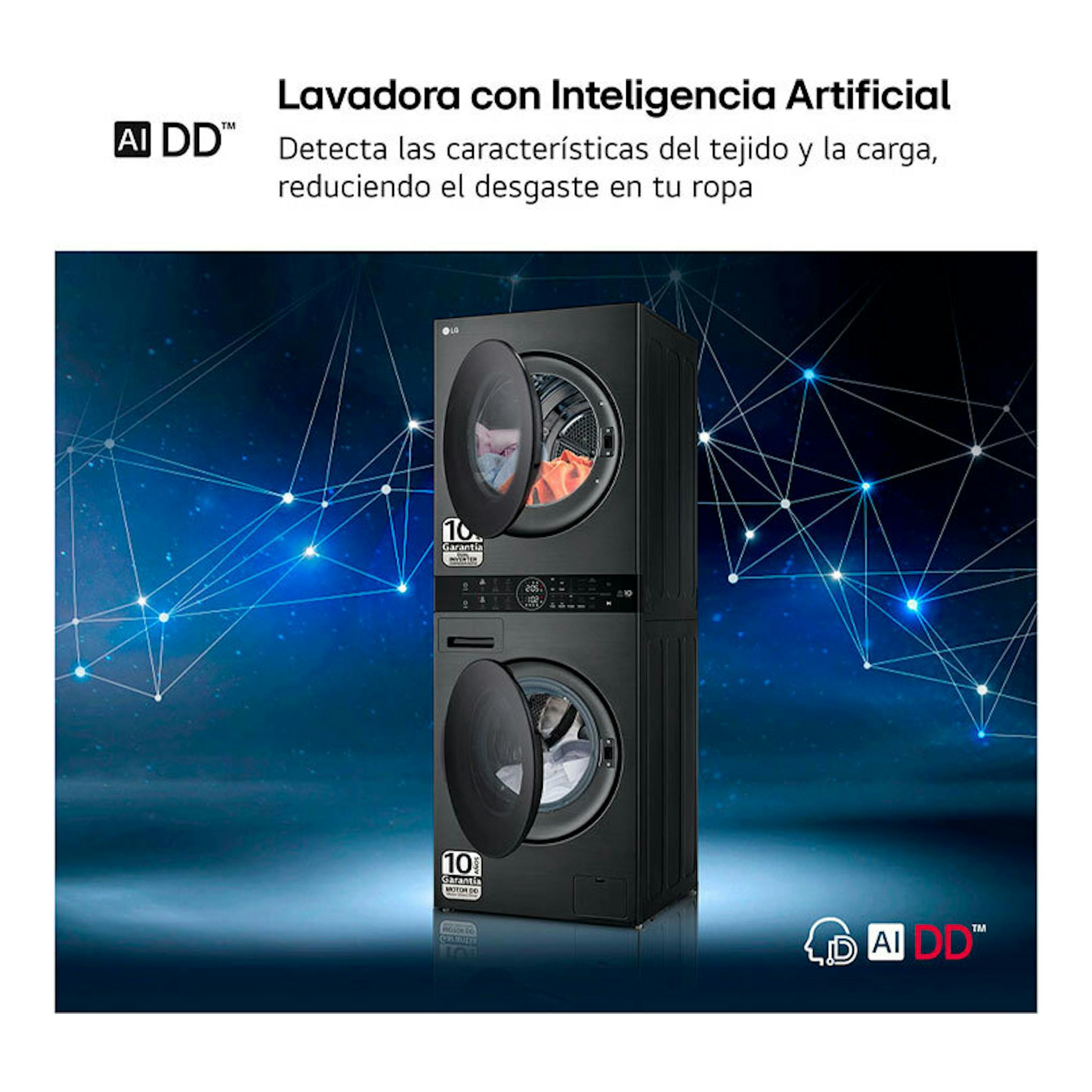 Torre de lavado LG WT1210BBF negro grafito, vista frontal, con dos puertas de carga frontal.