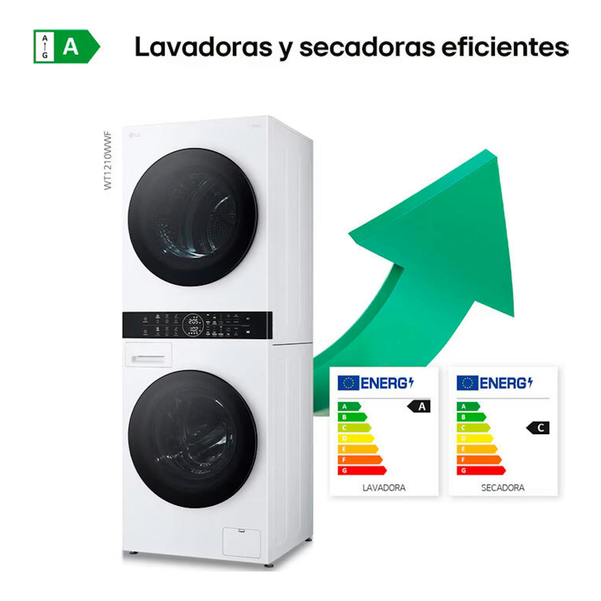 LG WT1210WWF, torre de lavado blanca en vista frontal, con lavadora y secadora apiladas y etiquetas energéticas