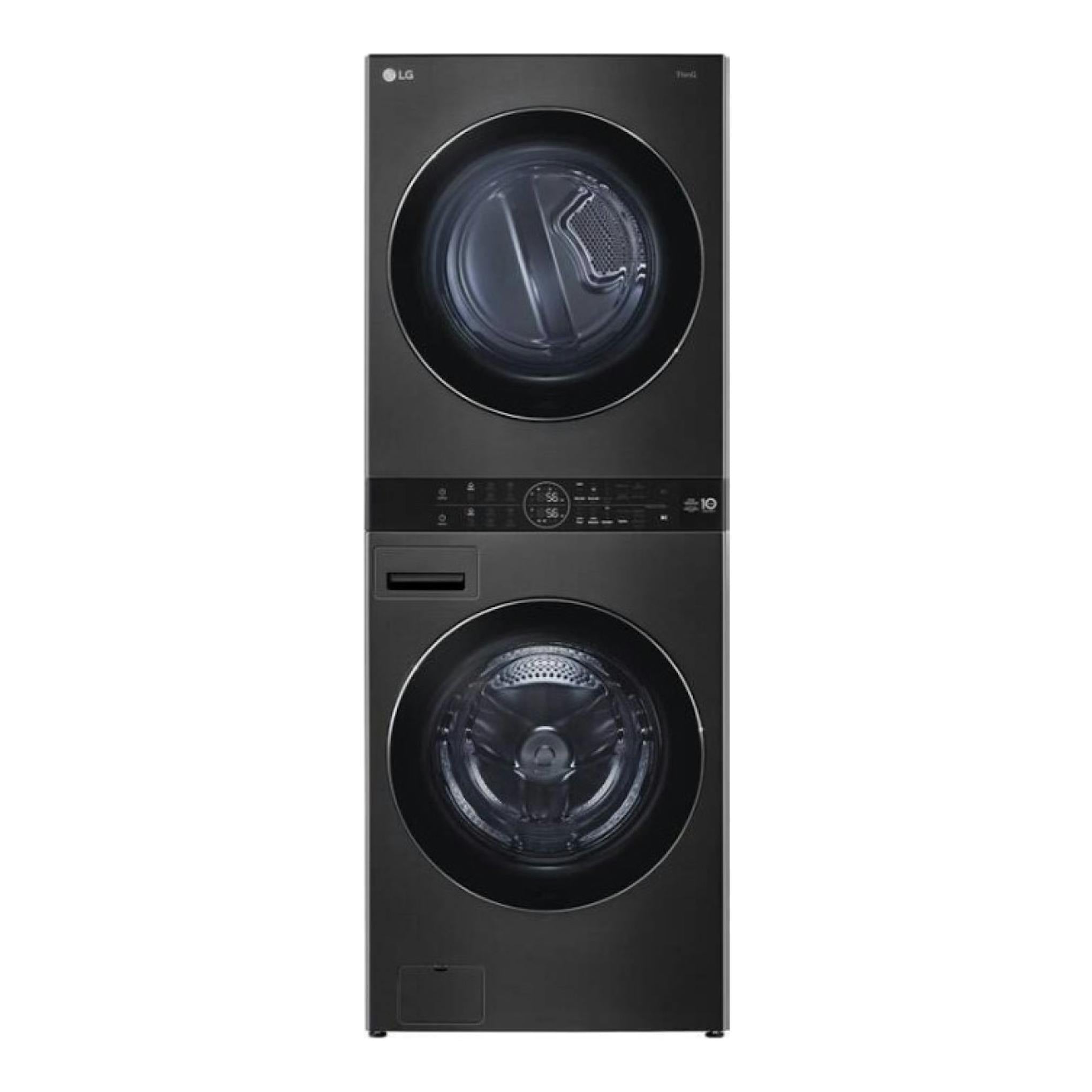 Torre de lavado y secado LG WT1716BBF negra, vista frontal, con dos puertas circulares apiladas.