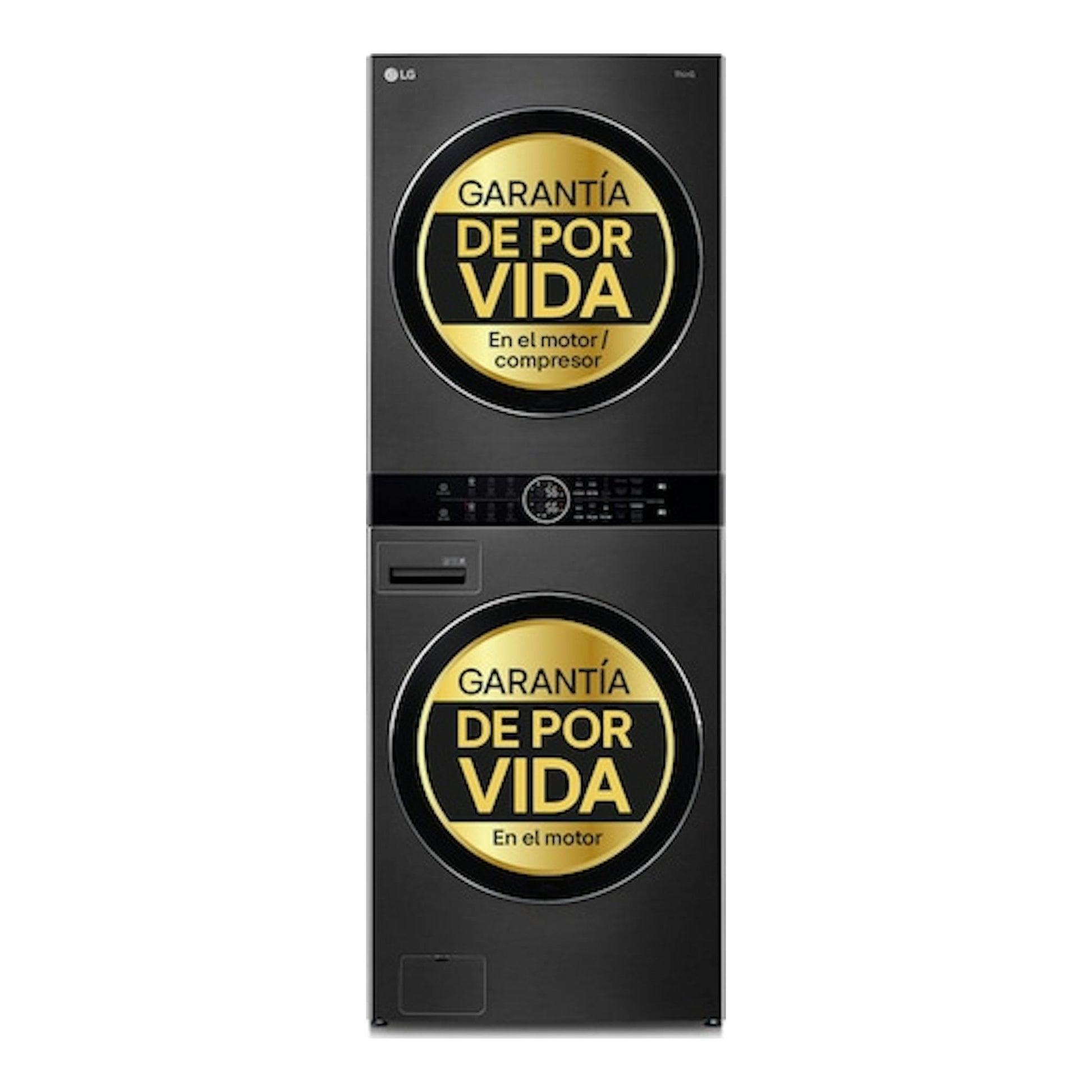 Torre de lavado y secado LG WT1716BBF, negra, vista frontal, con dos puertas y etiquetas de garantía.