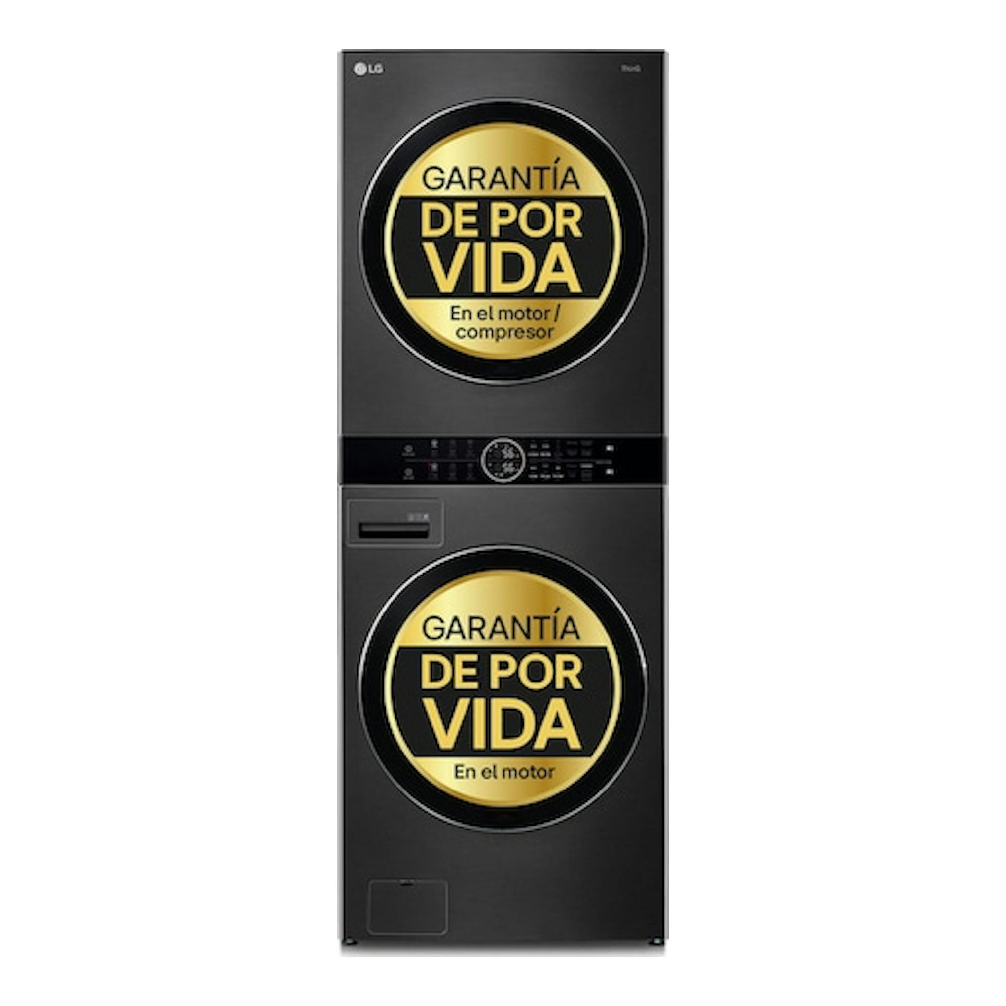 Torre de lavado y secado LG WT1716BBF, negra, vista frontal, con dos puertas y etiquetas de garantía.