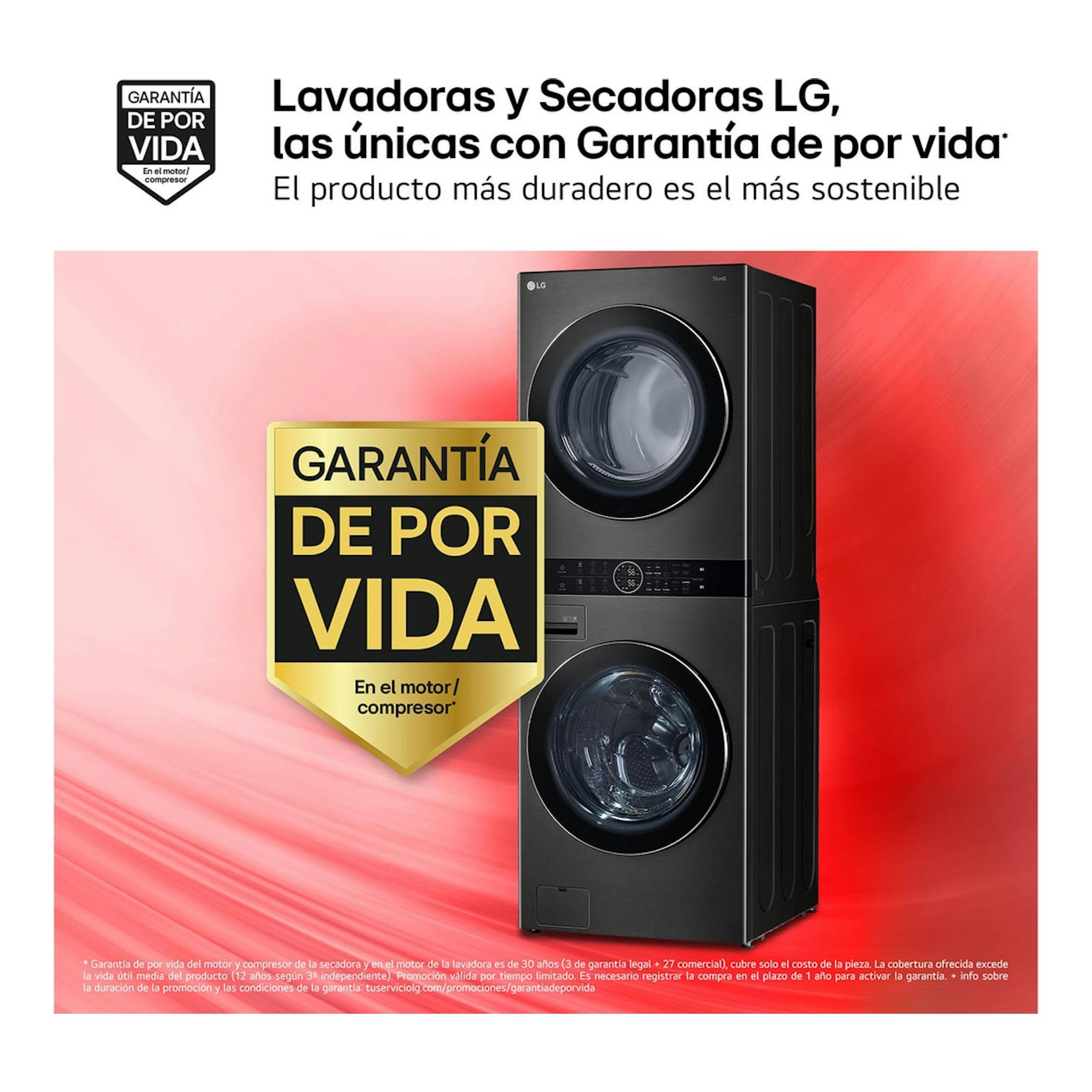 Torre de lavado y secado LG WT1716BBF negra, vista frontal en ángulo, con dos puertas circulares.