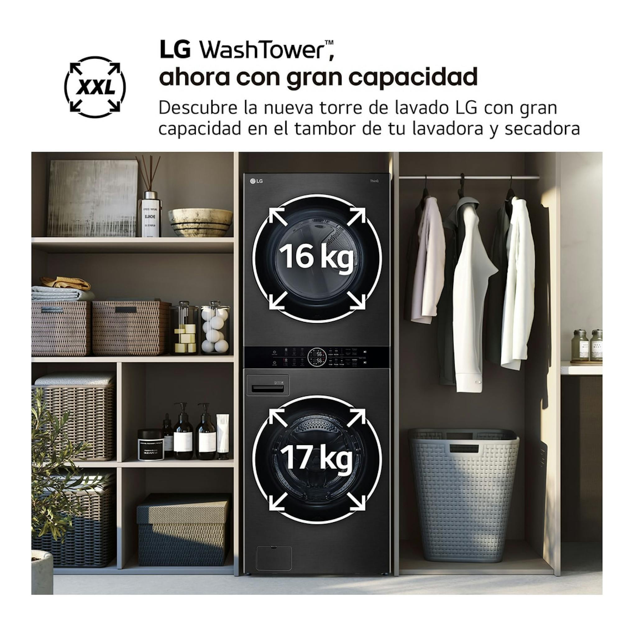 LG WT1716BBF WashTower negra, vista frontal, con lavadora de 17 kg y secadora de 16 kg.