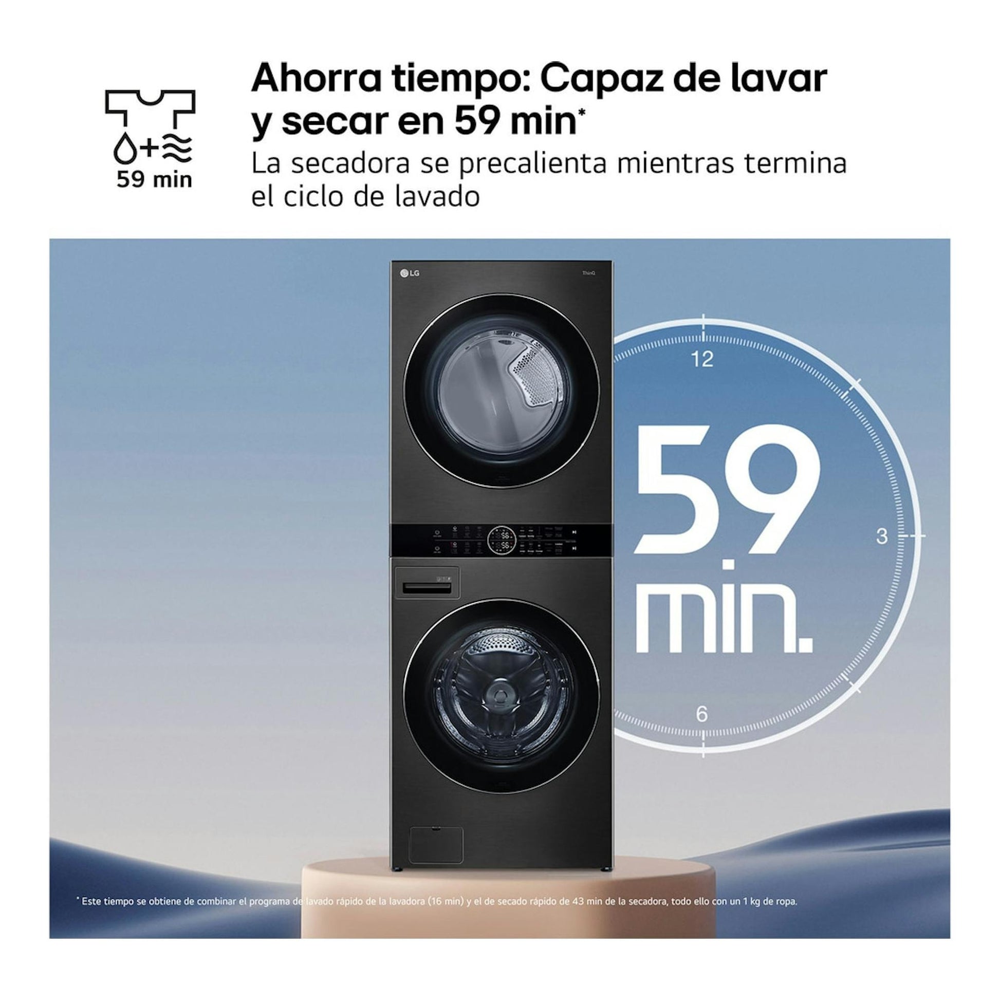Torre LG WT1716BBF negra, vista frontal, con lavadora y secadora apiladas.
