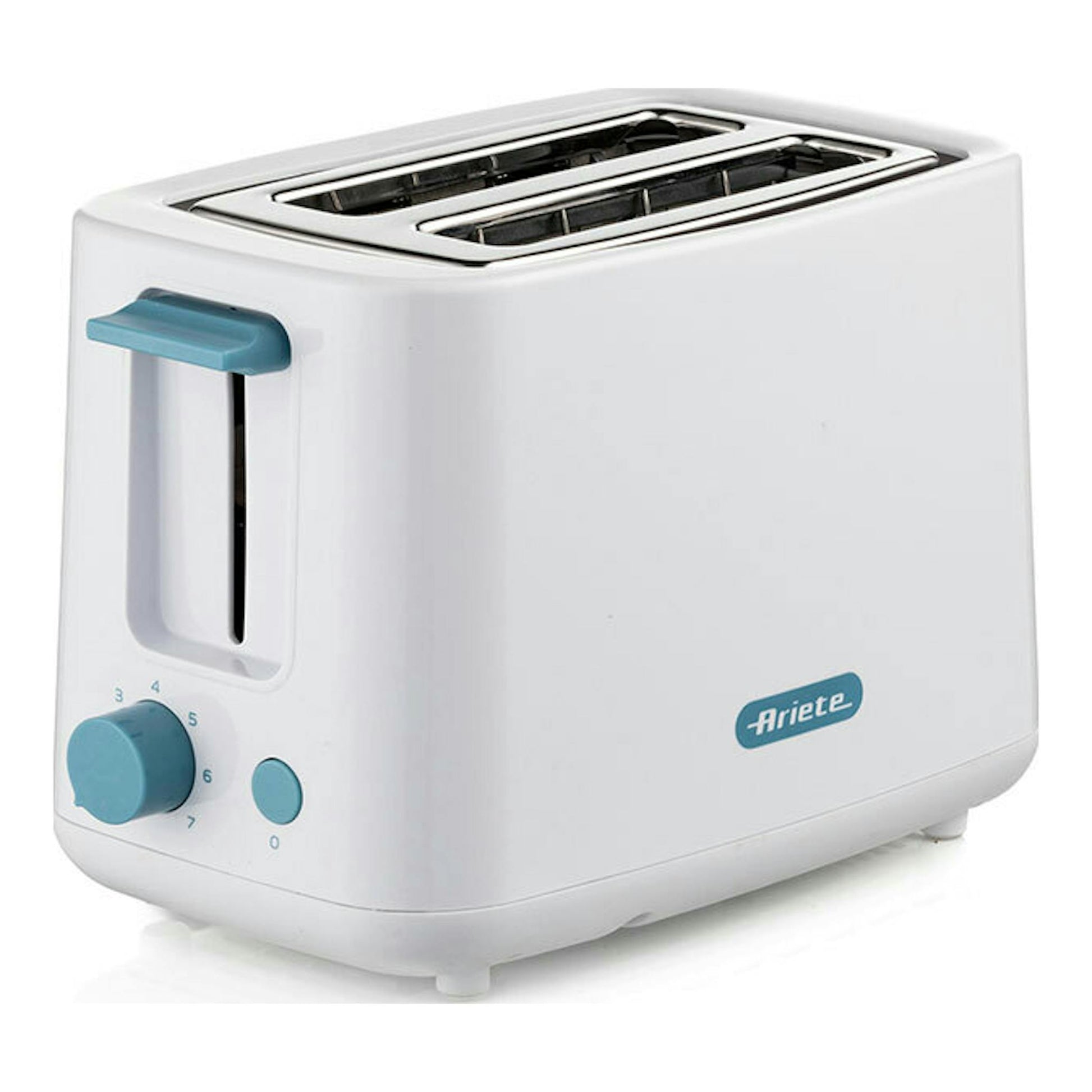 Tostador Ariete Breakfast blanco, vista 3/4, con 2 ranuras y controles azules.