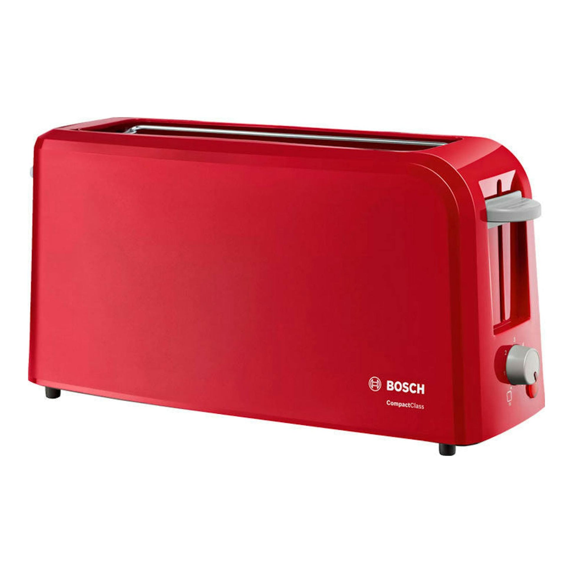 Tostador Bosch TAT3A004 rojo, vista lateral 3/4, con ranura superior y mando lateral.