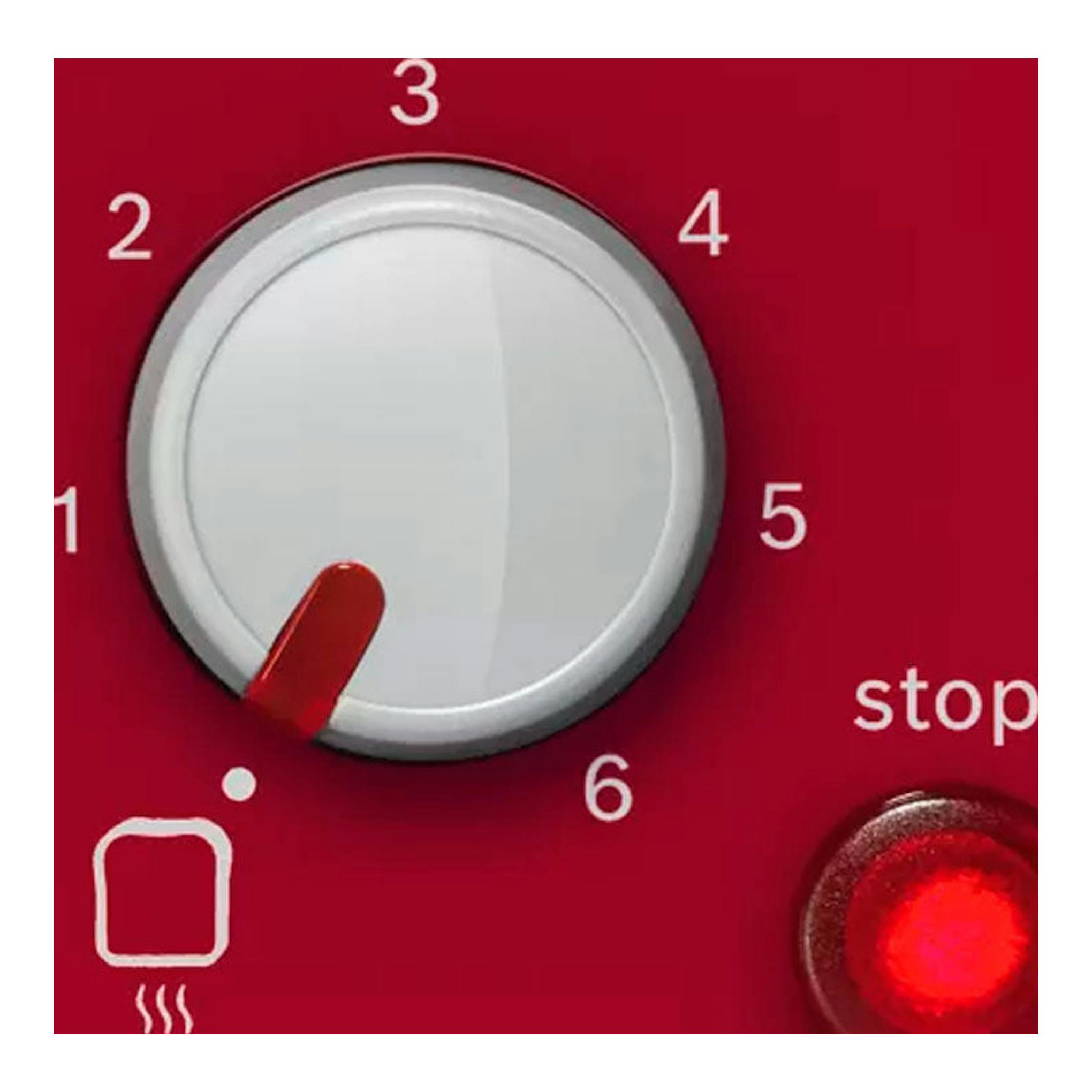 Bosch TAT3A004, primer plano del mando rojo del tostador con niveles 1-6 y botón stop iluminado.