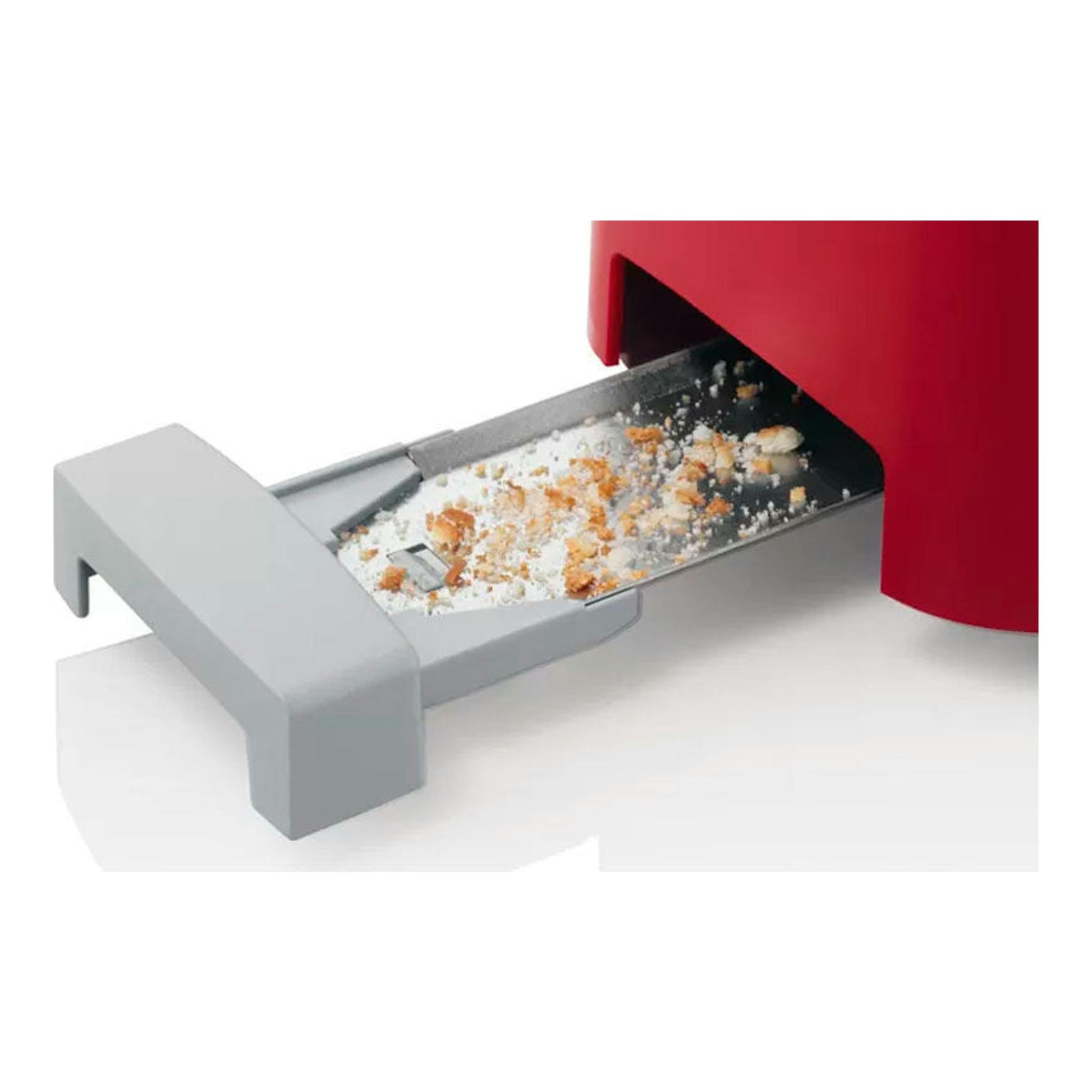 Bosch TAT3A004, primer plano del tostador rojo con bandeja recogemigas gris extraída y migas visibles.