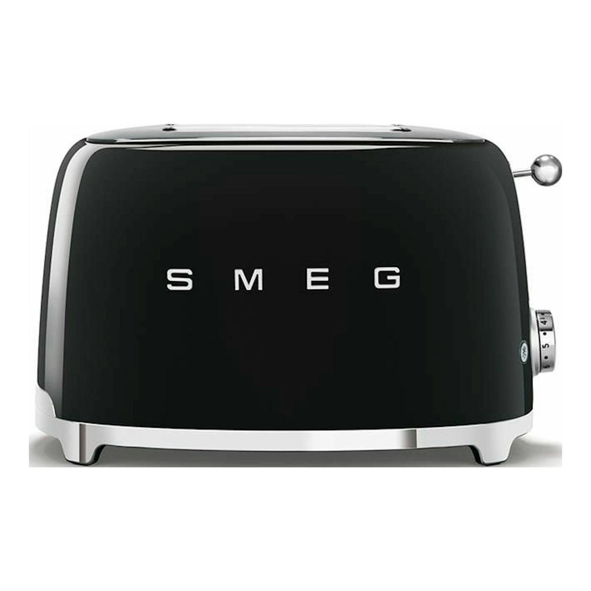 Tostador Smeg TSF01BLEU negro, vista frontal, con acabado brillante y mandos laterales.
