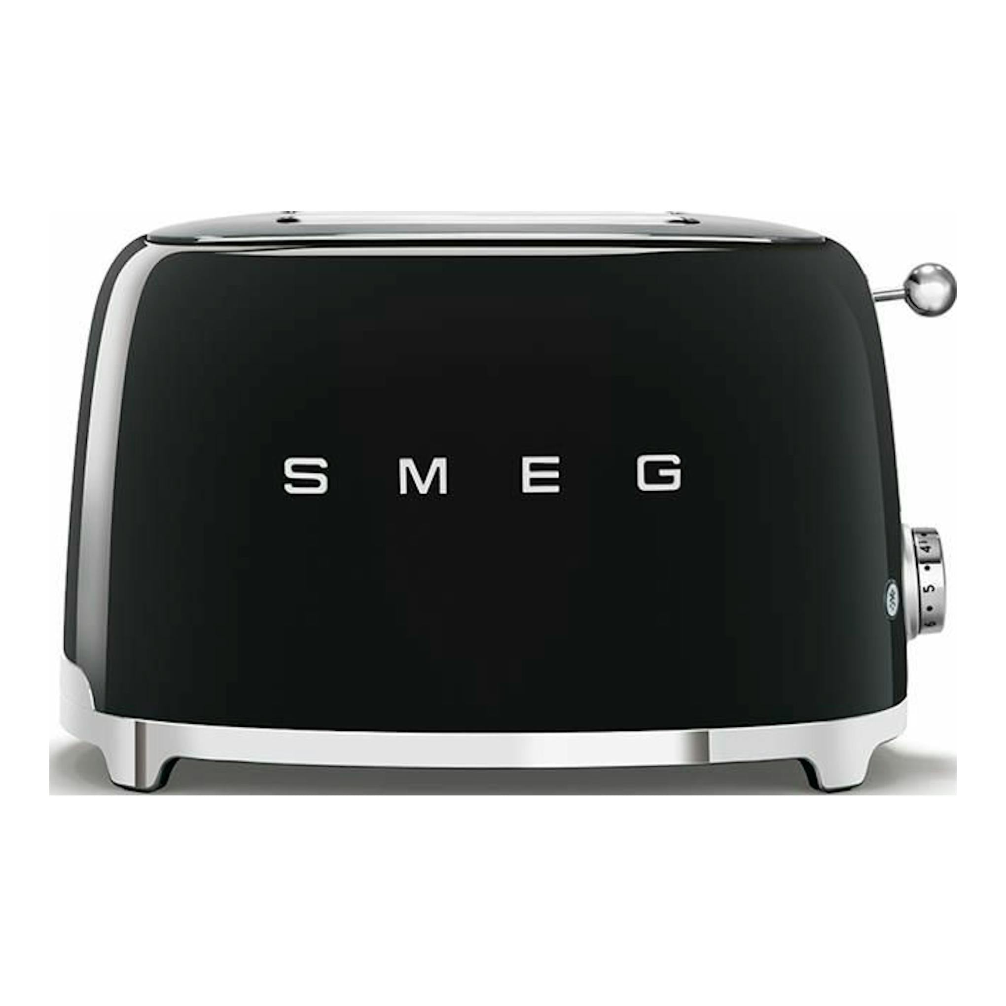 Tostador Smeg TSF01BLEU negro, vista frontal, con acabado brillante y mandos laterales.
