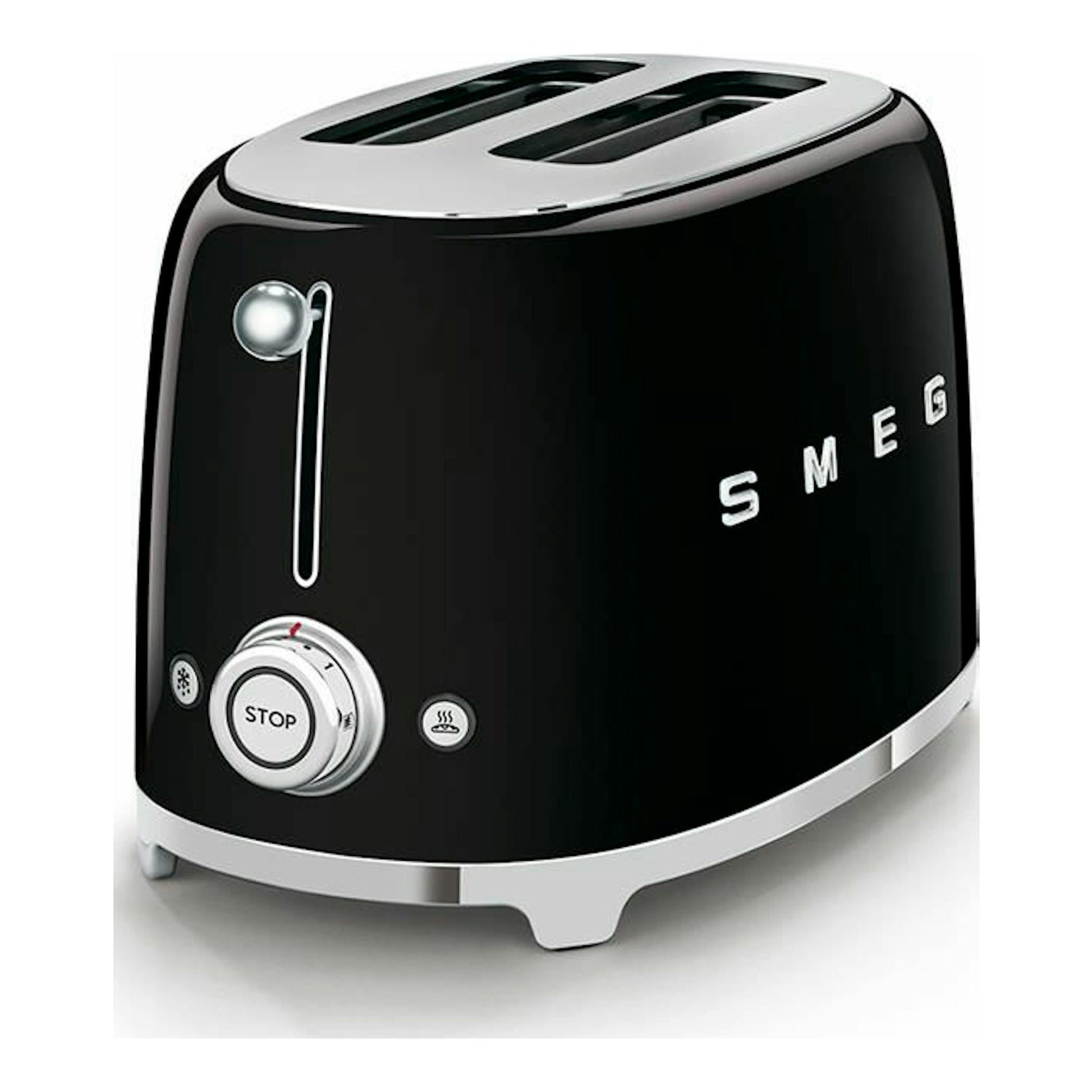 Tostador Smeg TSF01BLEU negro, vista frontal en ángulo, con dos ranuras y detalles cromados.