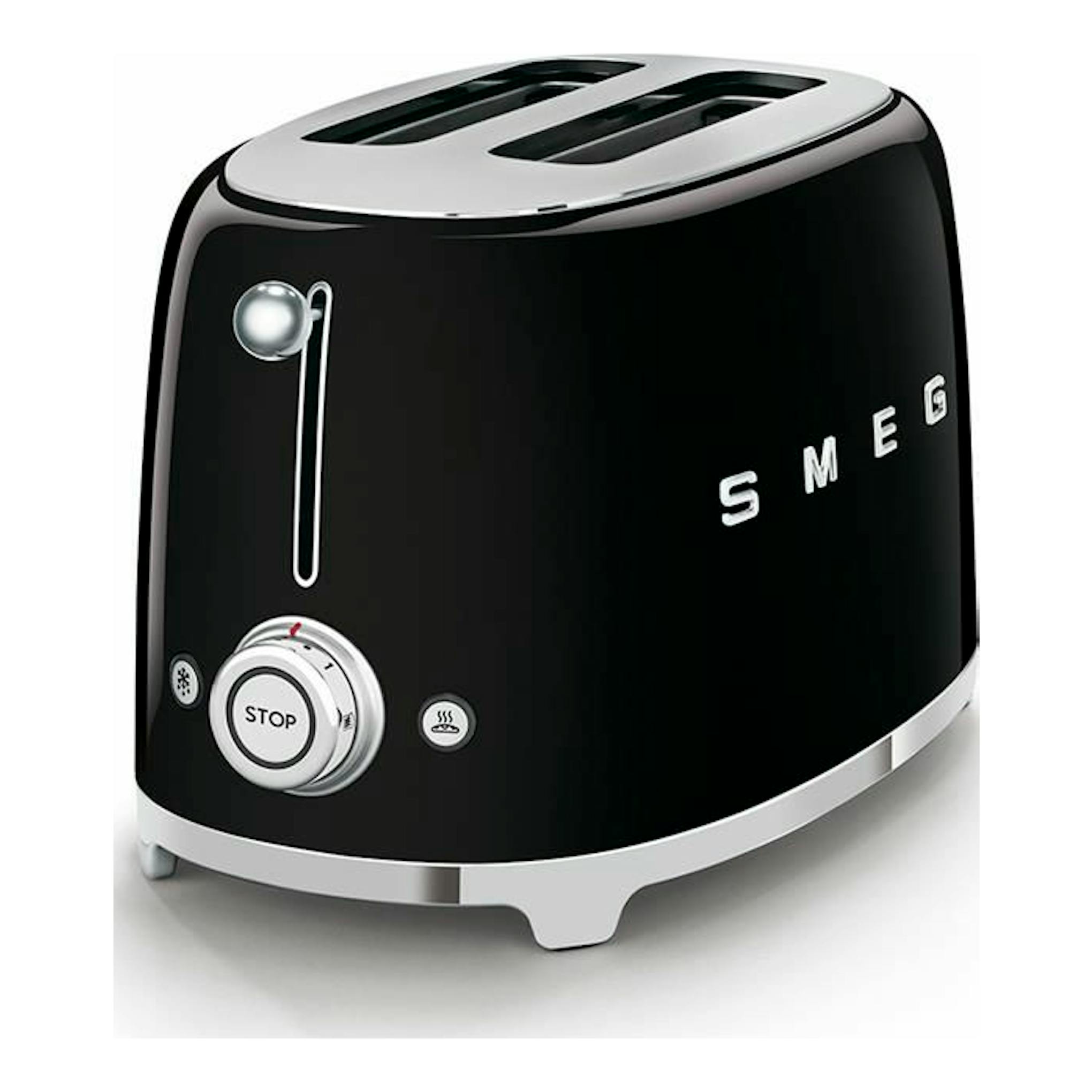 Tostador Smeg TSF01BLEU negro, vista frontal en ángulo, con dos ranuras y detalles cromados.