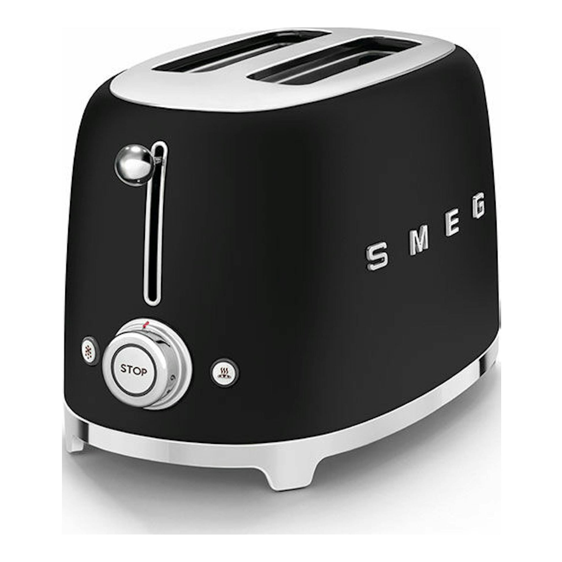 Tostador Smeg TSF01BLMEU negro mate, vista en tres cuartos, con dos ranuras y detalles plateados.