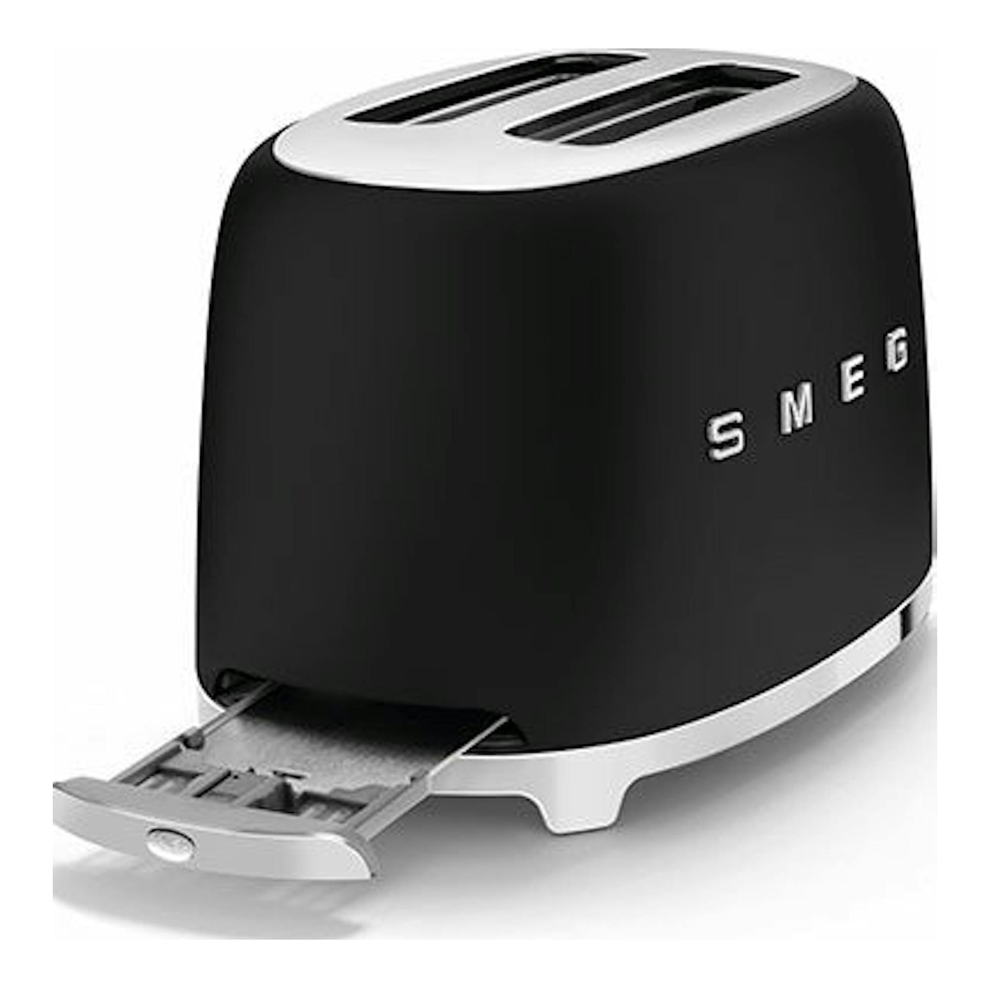 Tostador Smeg TSF01BLMEU negro mate, vista frontal lateral con dos ranuras y bandeja extraíble abierta.