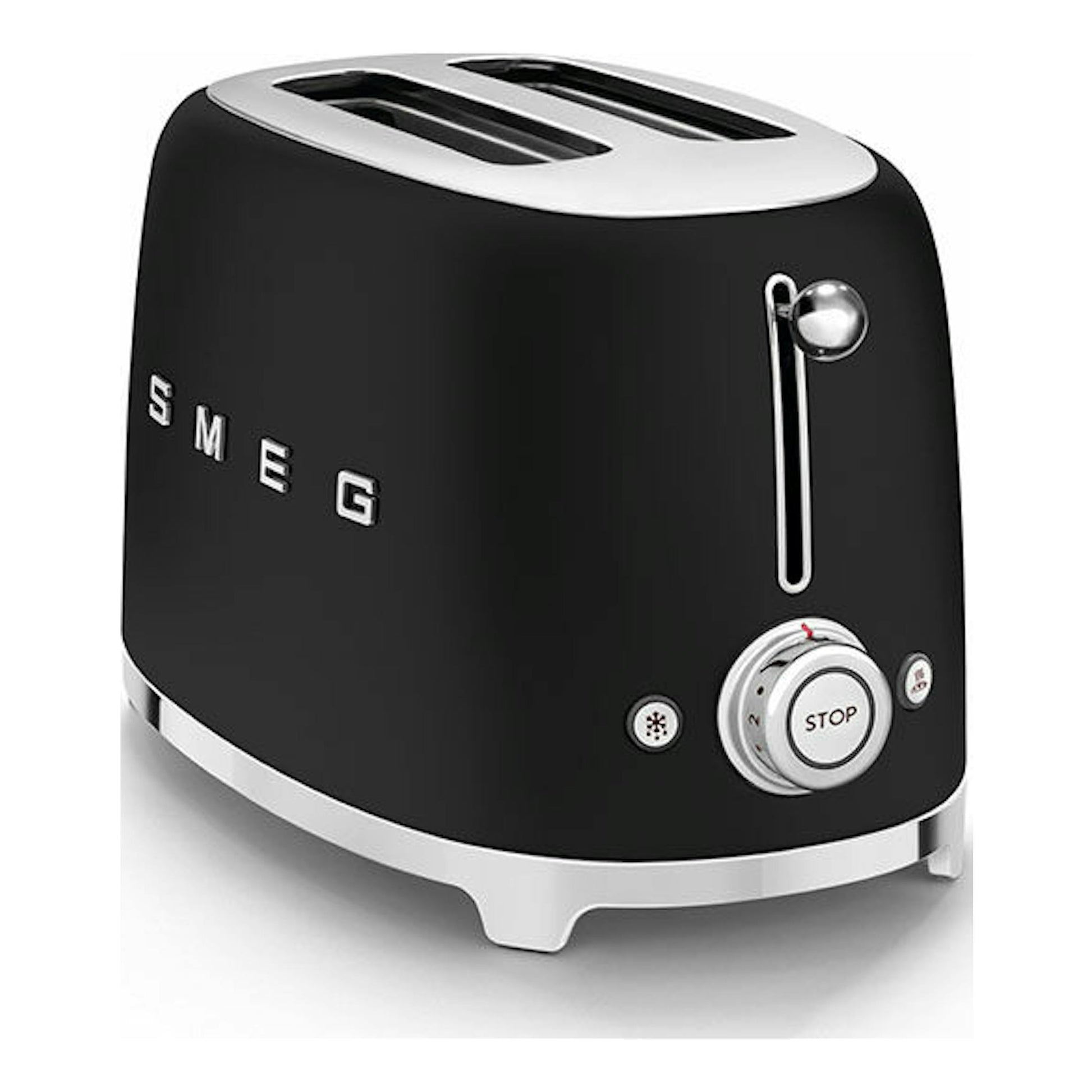 Tostador Smeg TSF01BLMEU negro mate, vista frontal en ángulo, con dos ranuras y controles plateados.