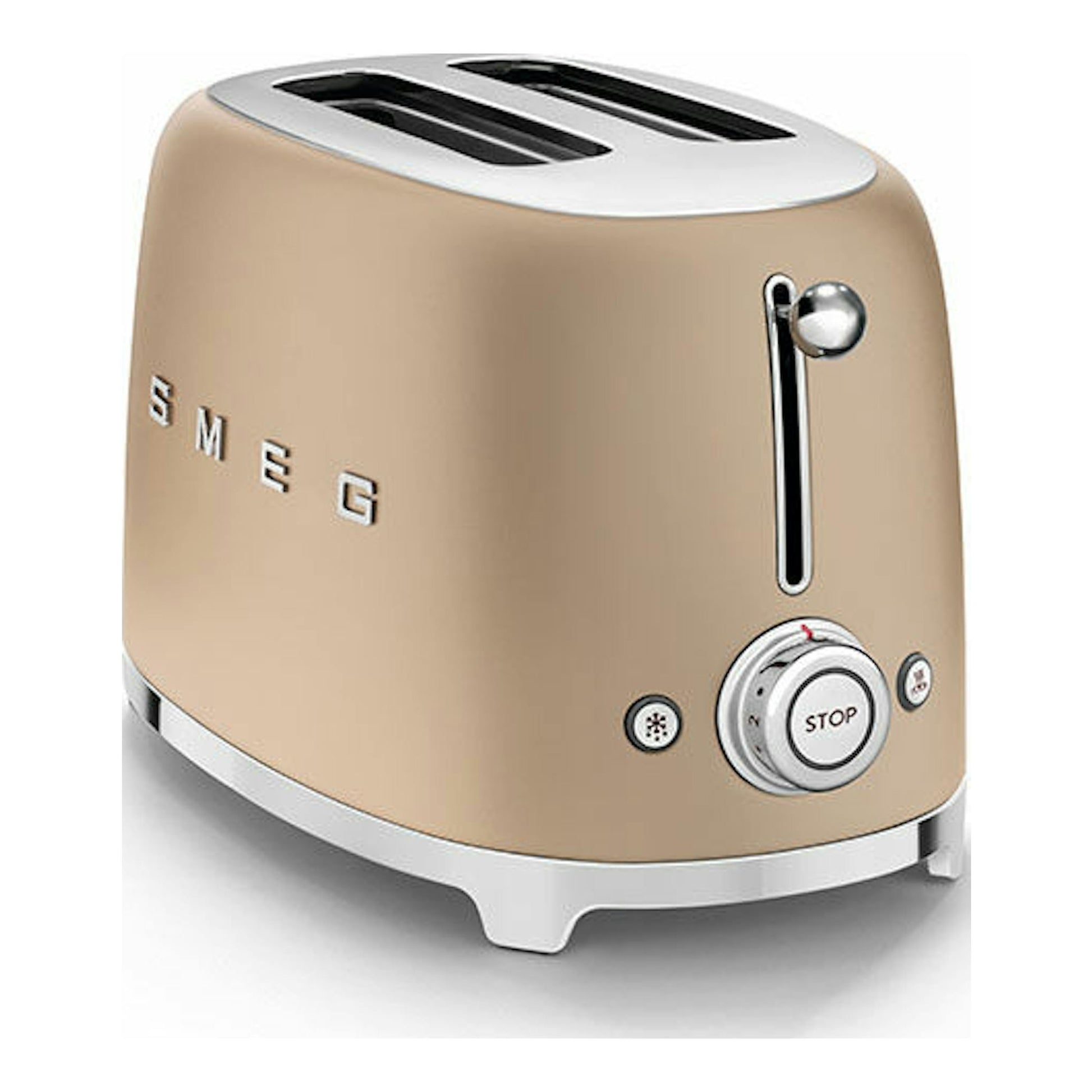 Tostador Smeg TSF01CHMEU oro mate, vista frontal tres cuartos, con dos ranuras sobre fondo blanco.