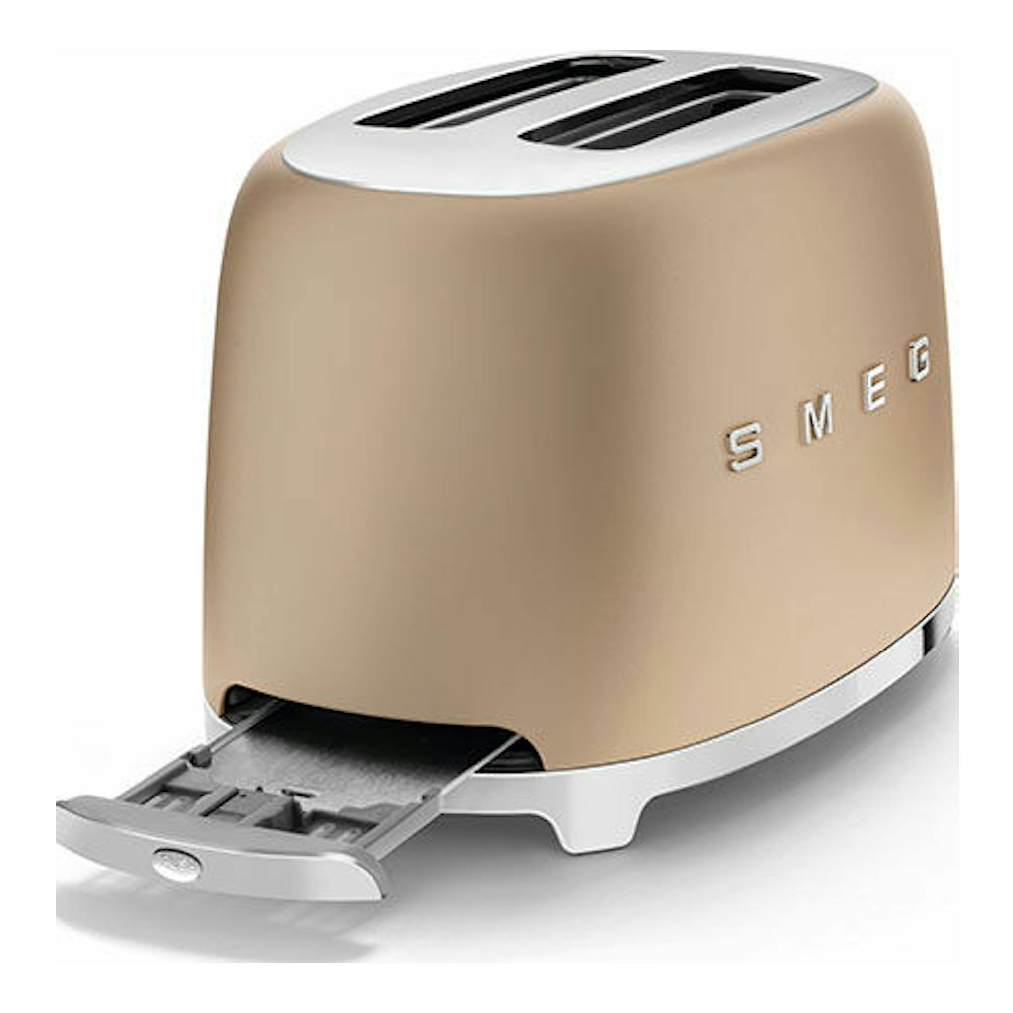 Tostador Smeg TSF01CHMEU color oro mate, vista en tres cuartos, con bandeja recogemigas extraíble abierta.