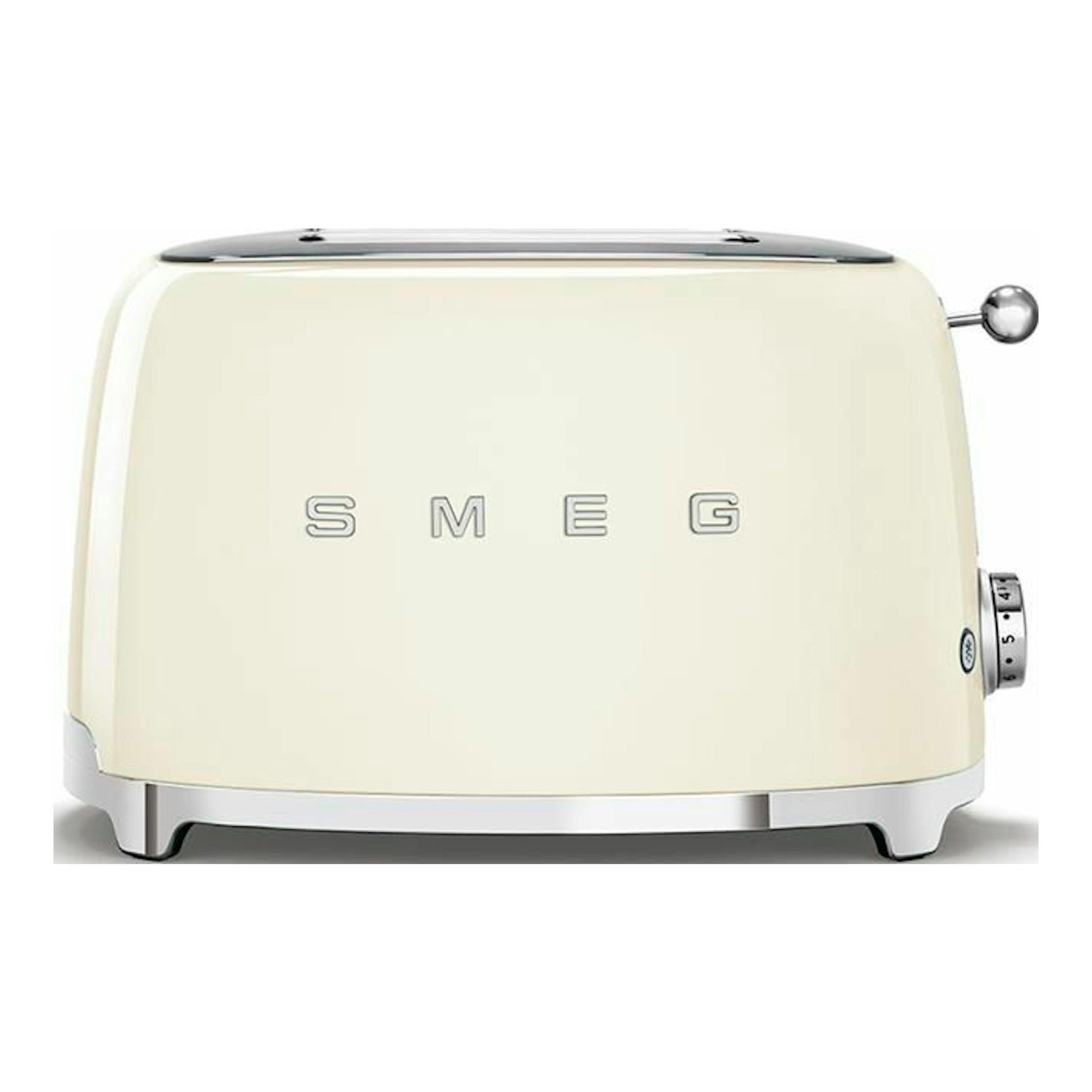 Tostador Smeg TSF01CREU crema, vista frontal, con acabado metálico y selector lateral.
