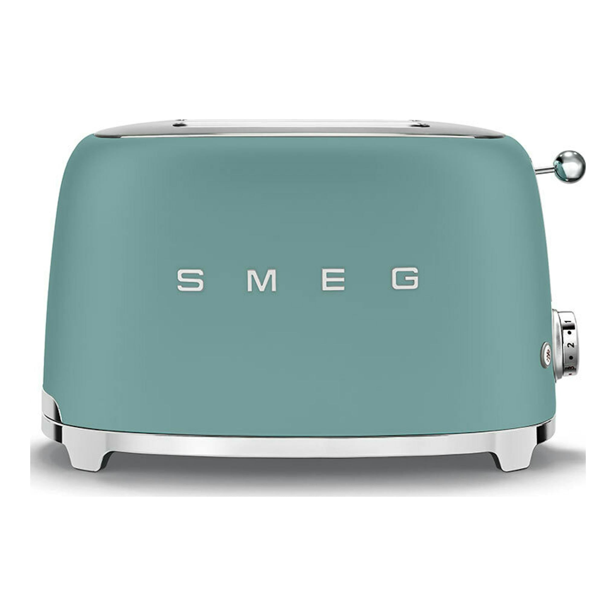 Tostador Smeg TSF01EGMEU verde esmeralda, vista frontal, con detalles cromados.