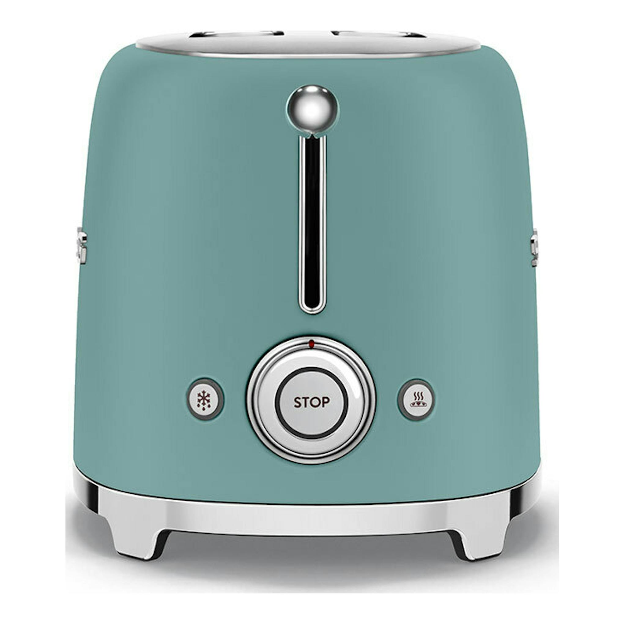 Tostador Smeg TSF01EGMEU verde esmeralda, vista frontal, con detalles cromados.