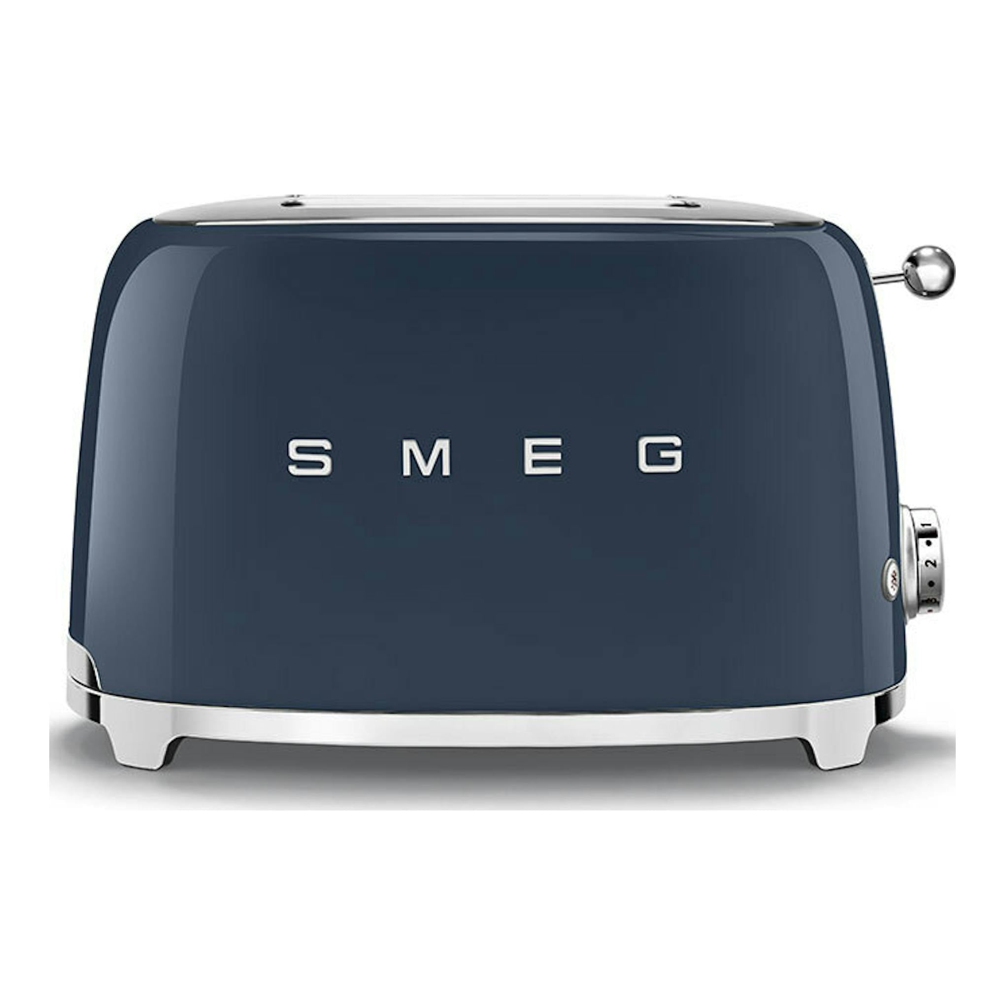 Tostador Smeg TSF01NBEU azul marino, vista frontal, con acabado metálico y mando lateral.