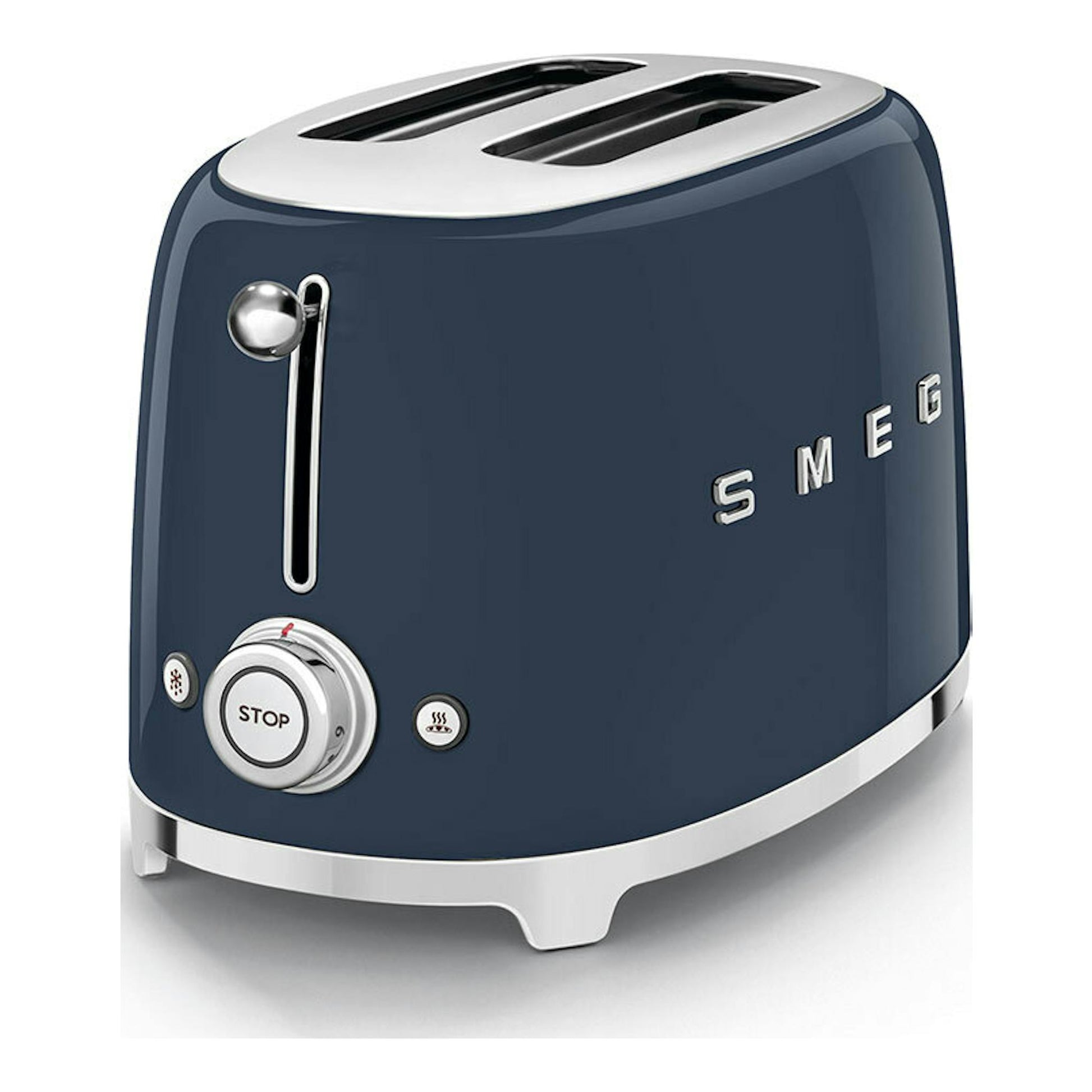 Tostador Smeg TSF01NBEU azul marino, vista frontal en ángulo, con dos ranuras y detalles plateados.