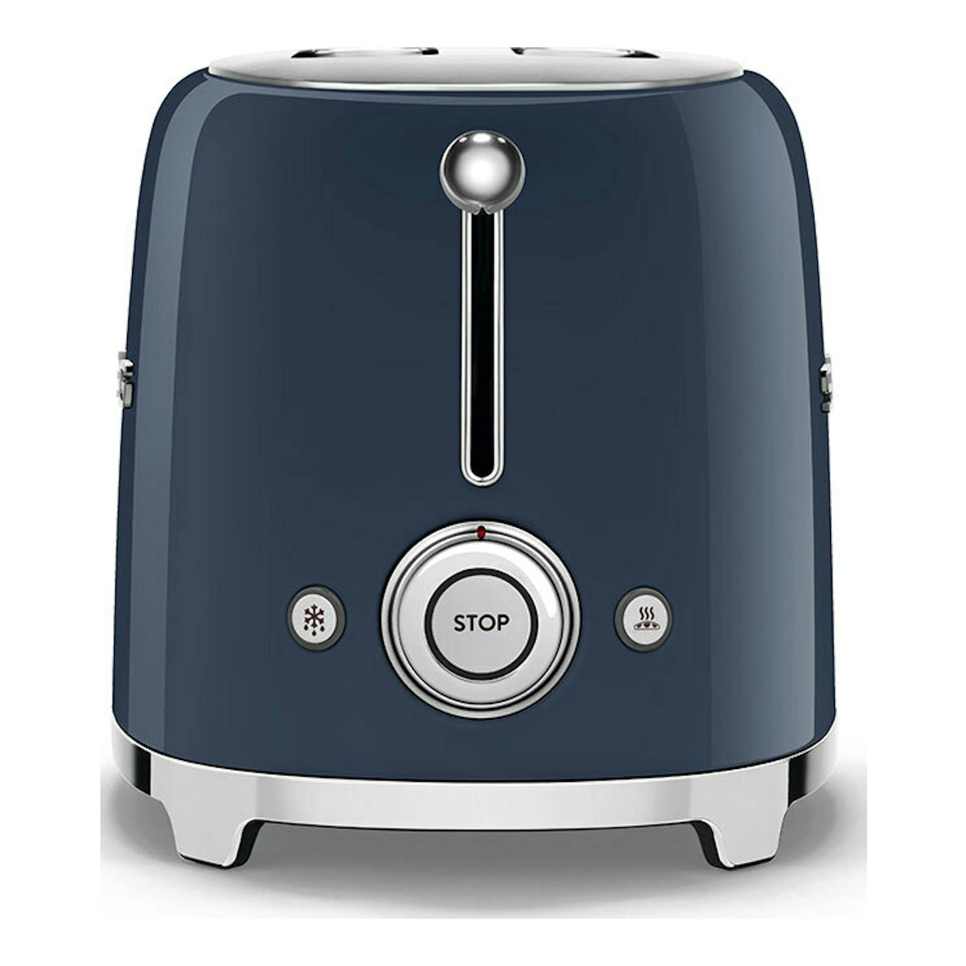 Tostador Smeg TSF01NBEU azul marino, vista frontal, con controles cromados y botón STOP.