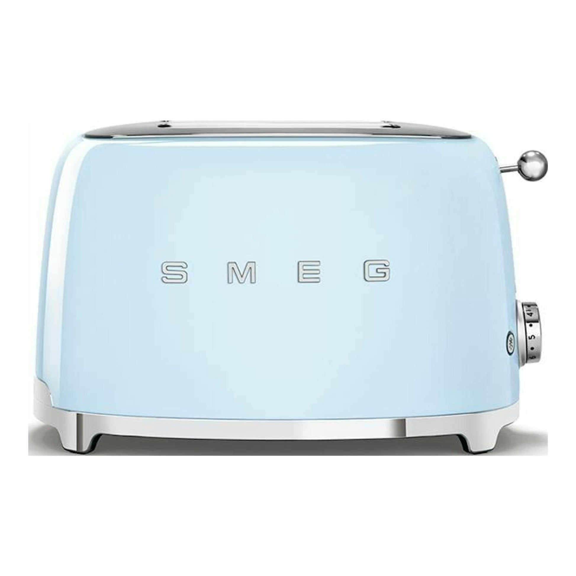 Tostador Smeg TSF01PBEU azul celeste, vista frontal, con acabado metálico y palanca lateral.