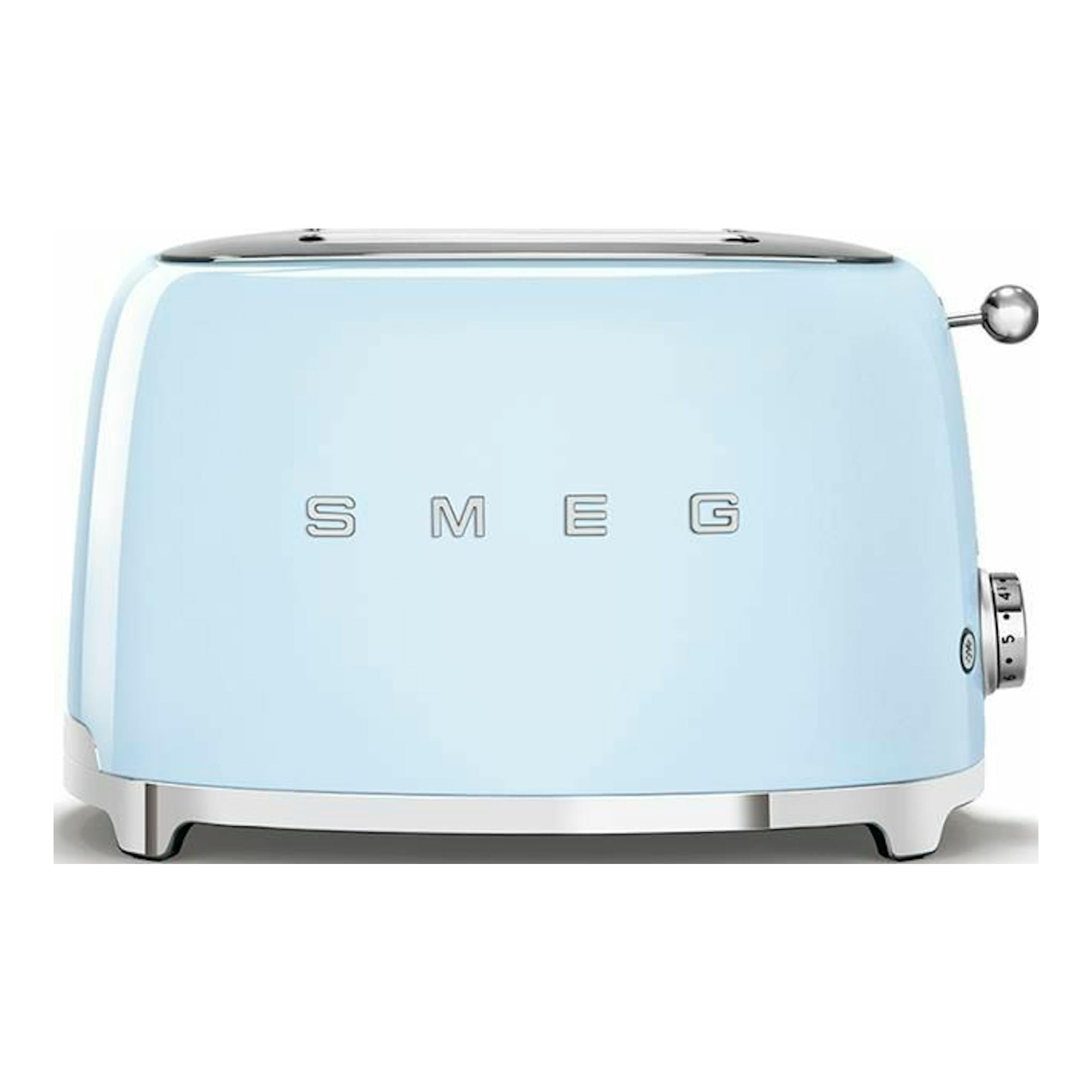 Tostador Smeg TSF01PBEU azul celeste, vista frontal, con acabado metálico y palanca lateral.