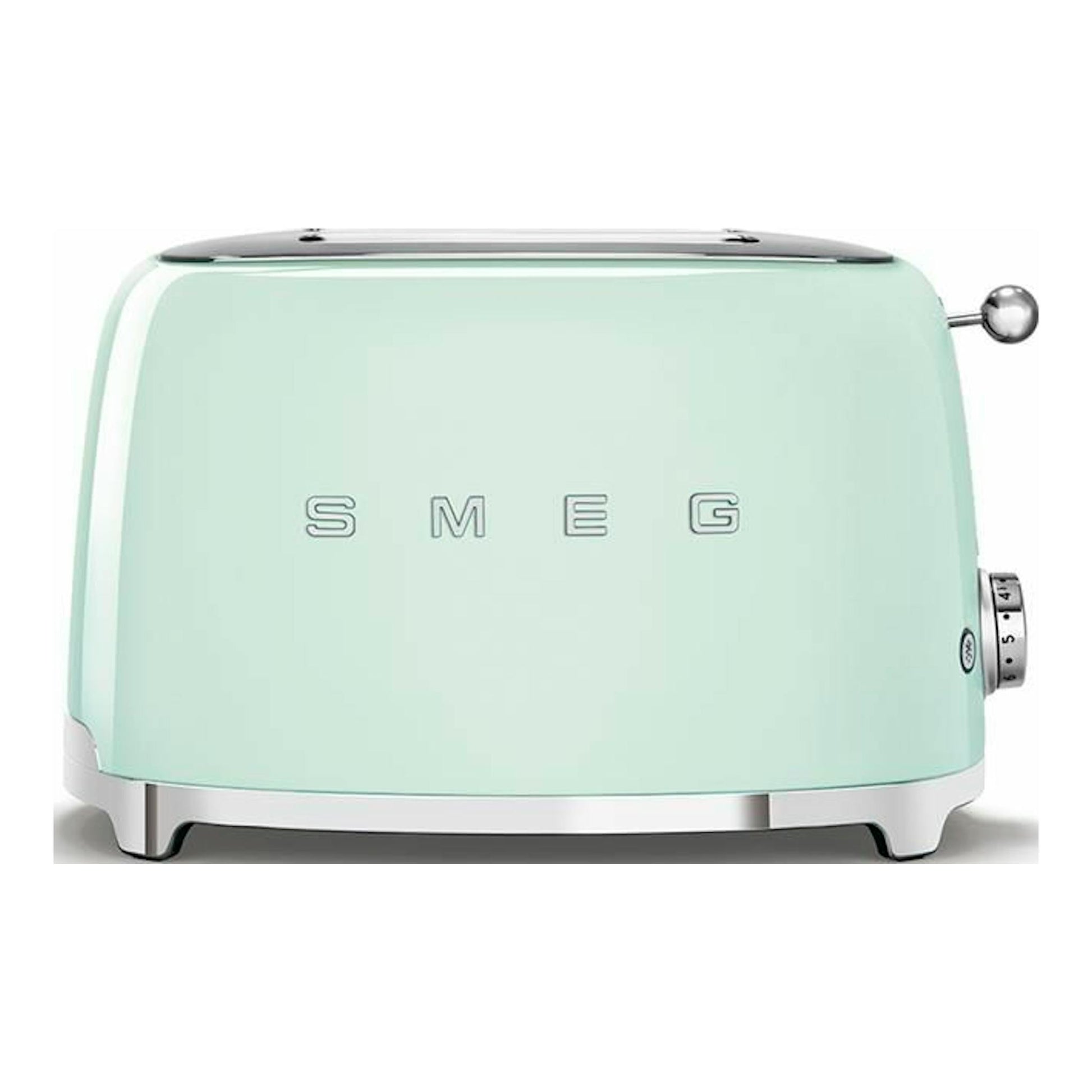 Tostador Smeg TSF01PGEU verde claro, vista frontal, con detalles cromados y mando lateral.