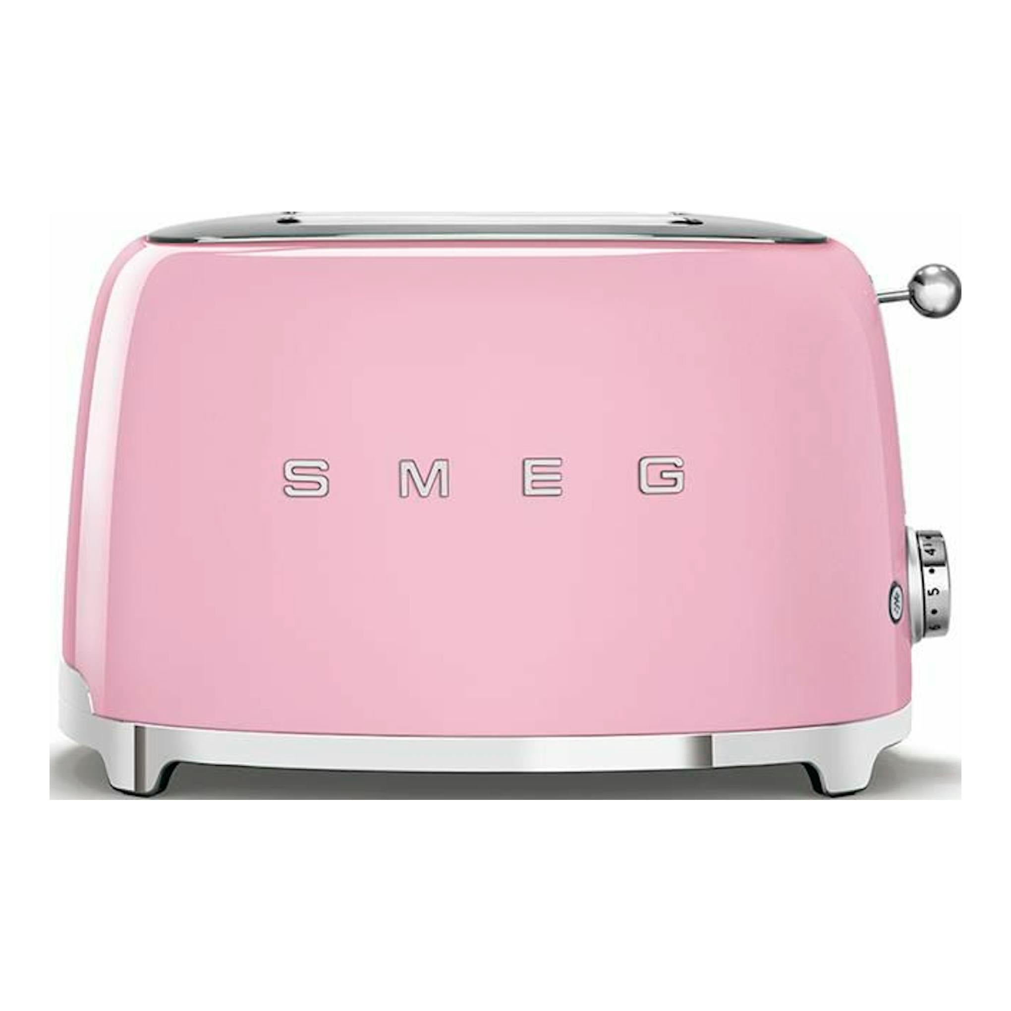 Tostador Smeg TSF01PKEU rosa, vista frontal ligeramente lateral, con acabado brillante y palanca metálica.