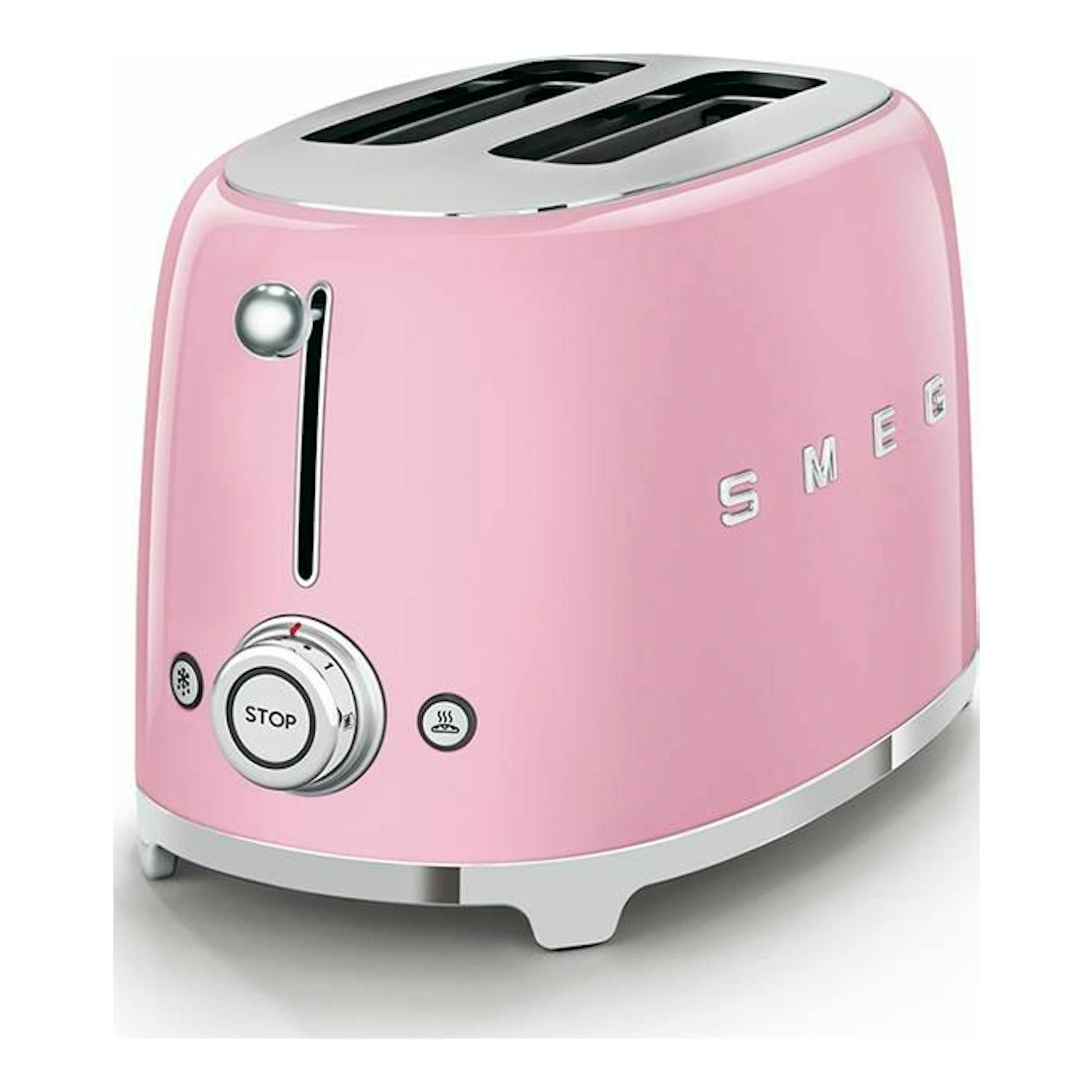 Tostador Smeg TSF01PKEU rosa, vista frontal en ángulo, con dos ranuras superiores y detalles plateados.