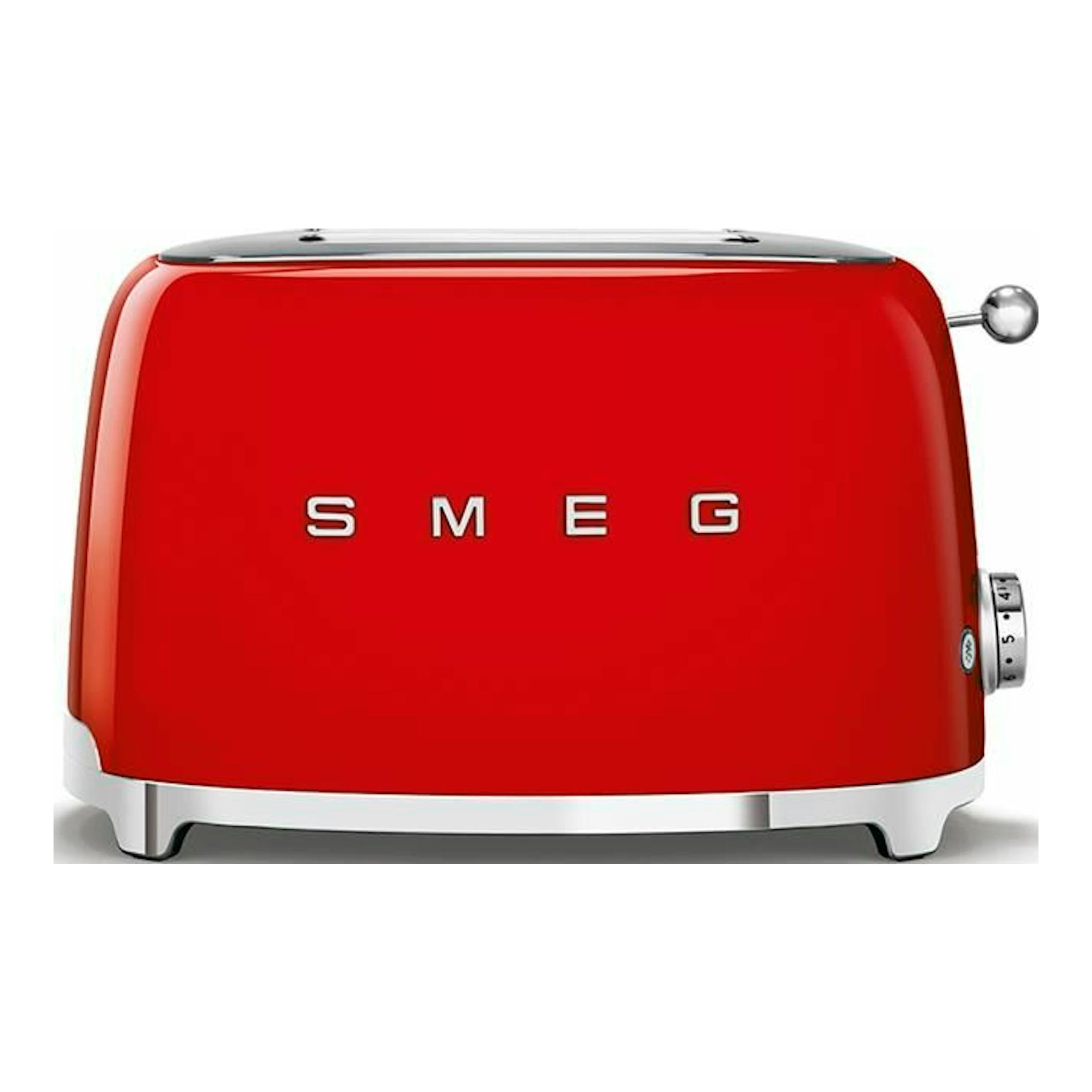 Tostador Smeg TSF01RDEU rojo, vista frontal, con acabado brillante y palanca lateral metálica.