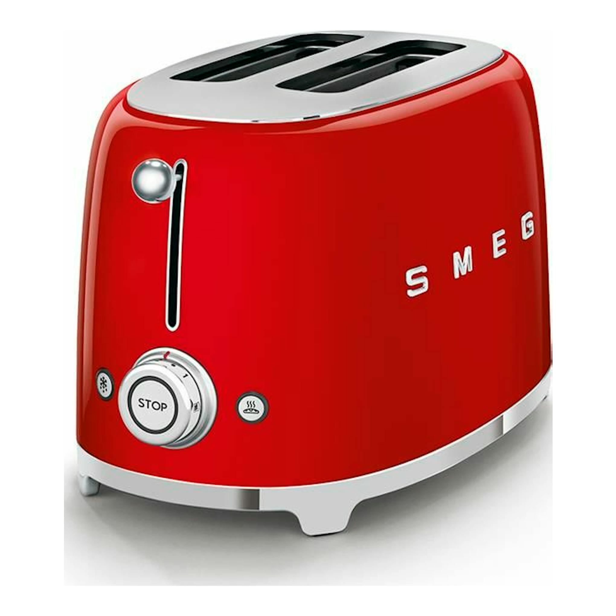 Tostador Smeg TSF01RDEU rojo, vista en ángulo frontal, con dos ranuras y detalles plateados.