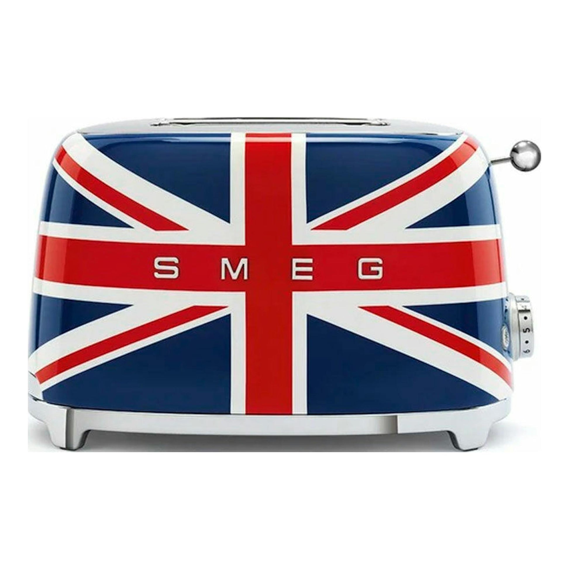 Tostador Smeg TSF01UJEU con diseño de bandera británica, vista lateral, azul, rojo y blanco.