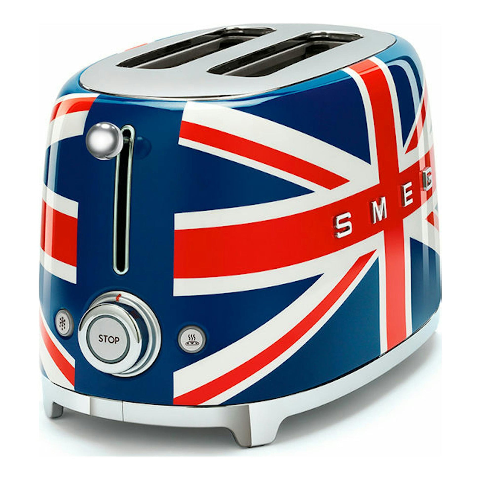 Tostador Smeg TSF01UJEU con diseño de bandera británica, vista frontal en tres cuartos, azul, rojo y blanco.