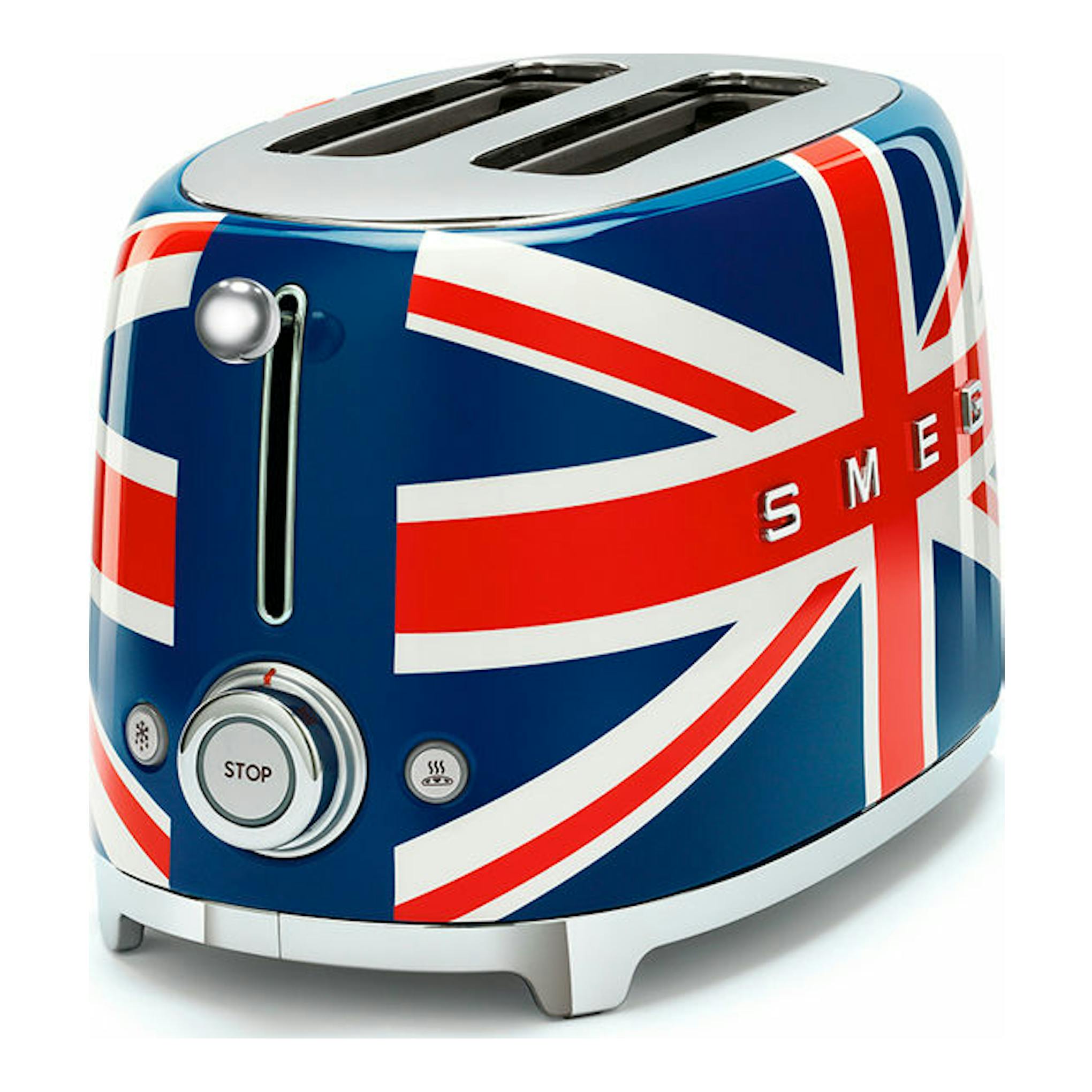 Tostador Smeg TSF01UJEU con diseño de bandera británica, vista frontal en tres cuartos, azul, rojo y blanco.