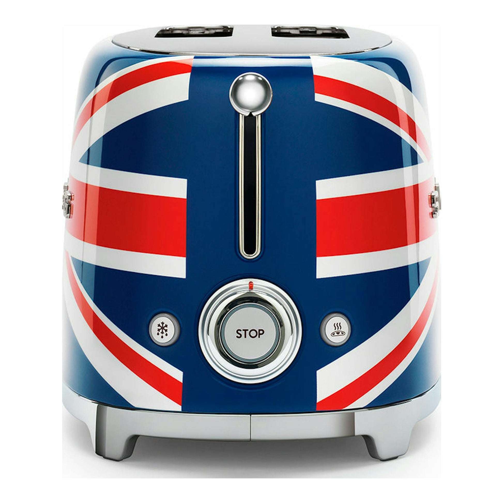 Tostador Smeg TSF01UJEU, vista frontal, con diseño de bandera británica en azul, rojo y blanco.