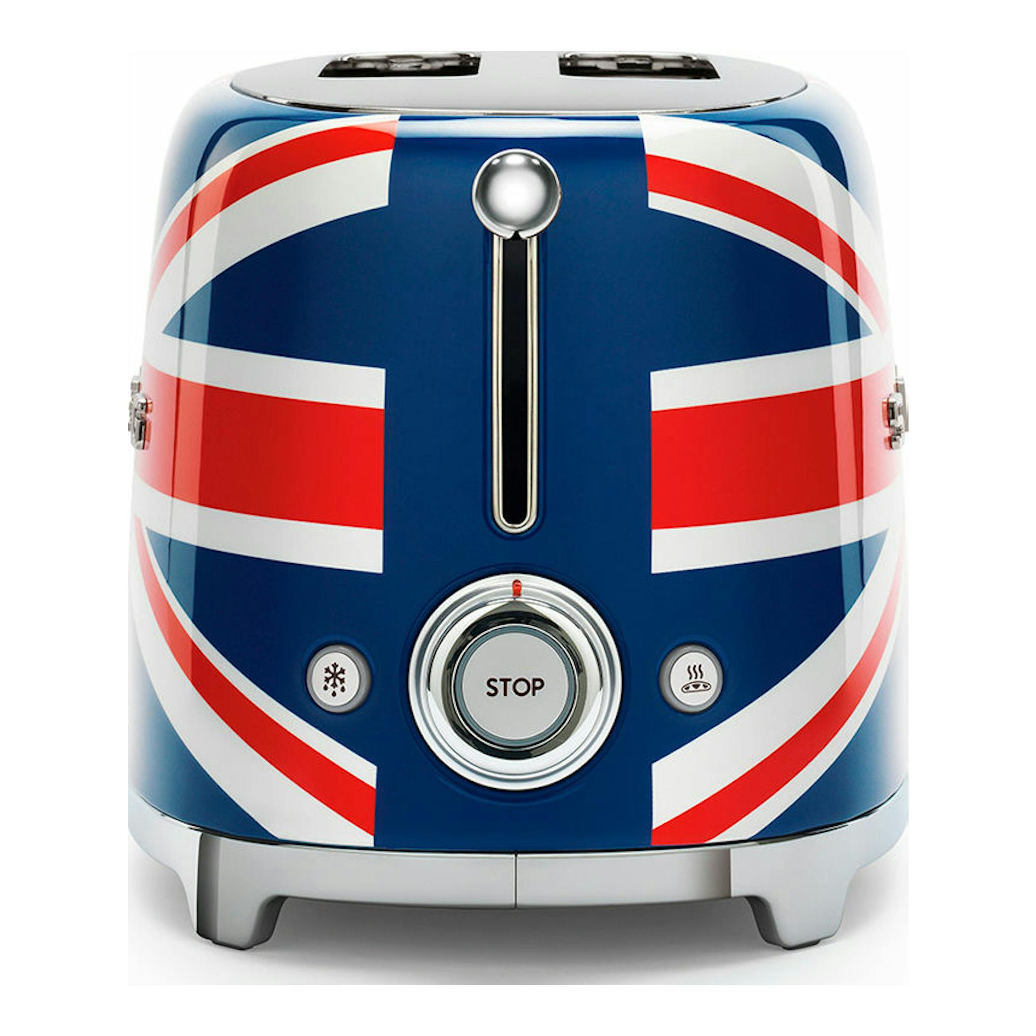 Tostador Smeg TSF01UJEU, vista frontal, con diseño de bandera británica en azul, rojo y blanco.