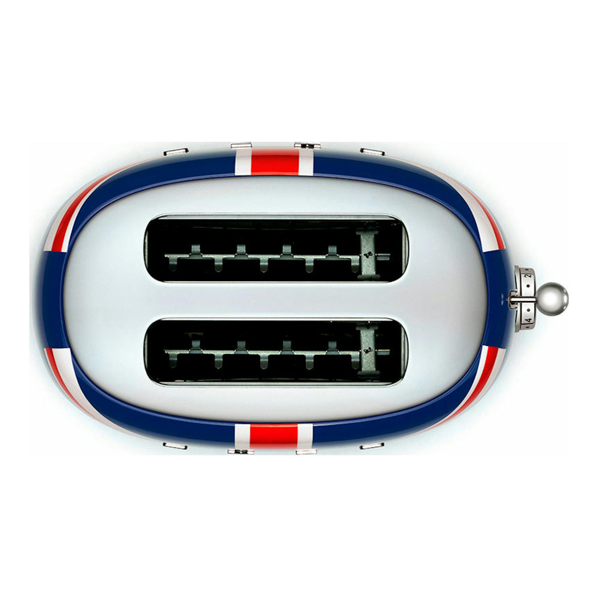 Vista superior del tostador Smeg TSF01UJEU, blanco con diseño de bandera británica y dos ranuras.