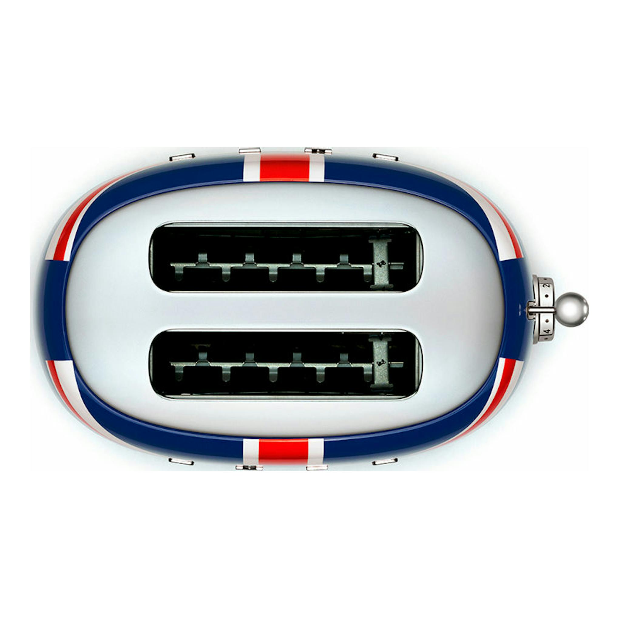 Vista superior del tostador Smeg TSF01UJEU, blanco con diseño de bandera británica y dos ranuras.