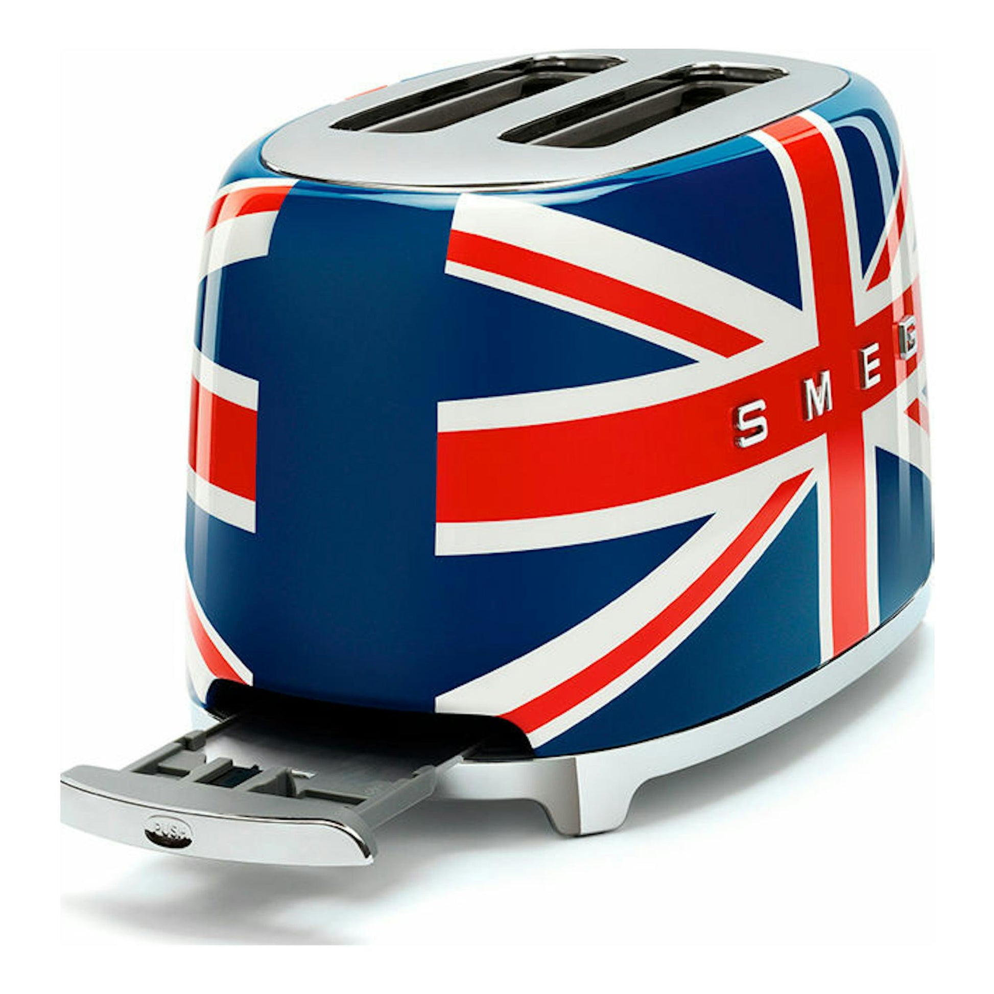 Tostador Smeg TSF01UJEU con bandera británica, vista frontal izquierda, cuerpo azul y base plateada.