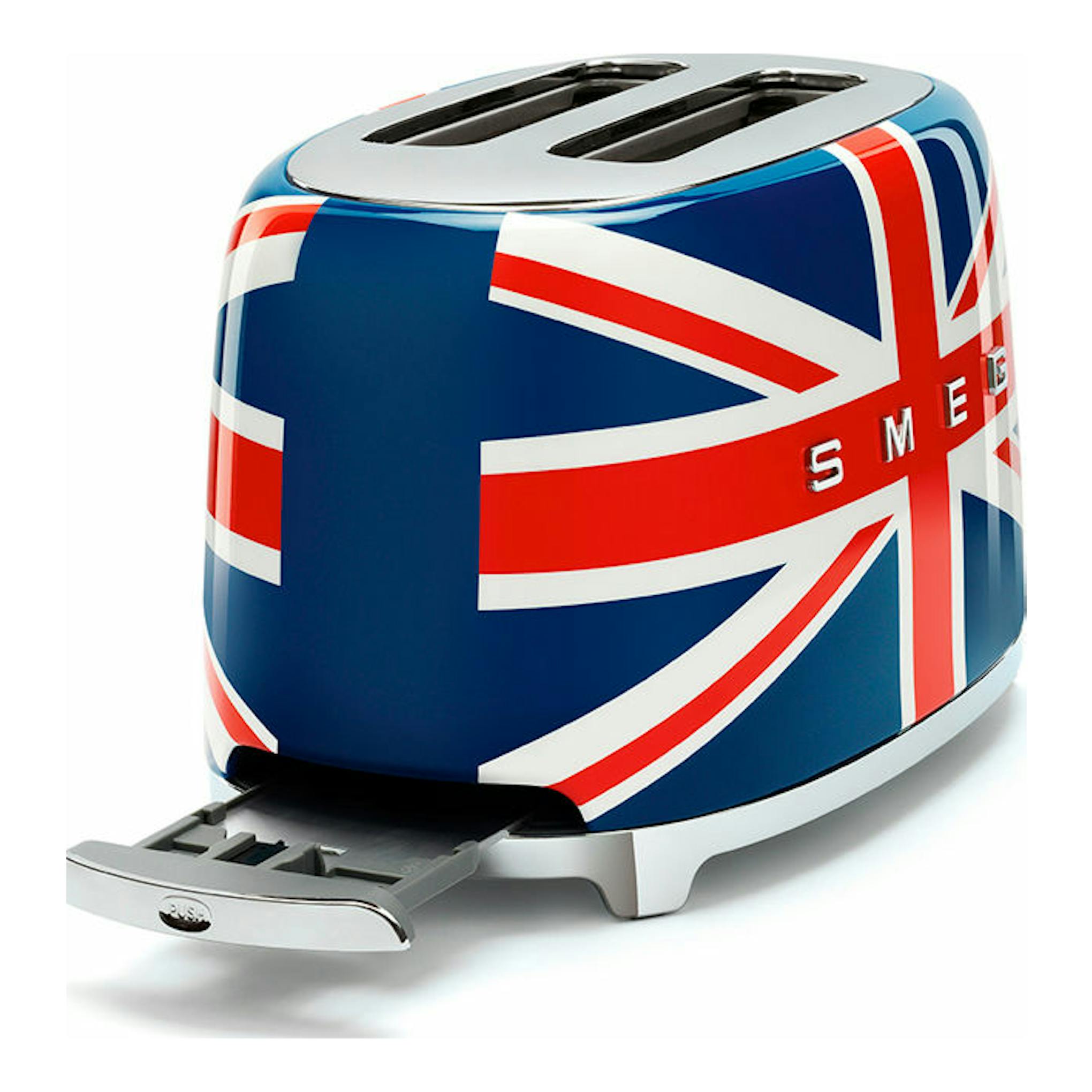 Tostador Smeg TSF01UJEU con bandera británica, vista frontal izquierda, cuerpo azul y base plateada.