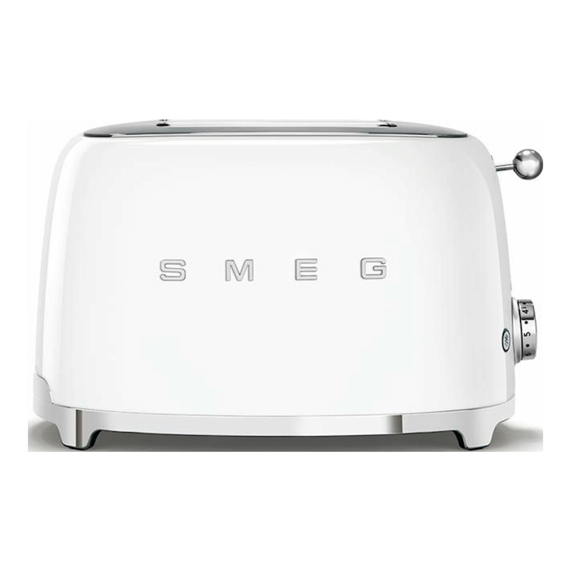 Tostador Smeg TSF01WHEU blanco, vista frontal, con selector lateral y palanca superior.