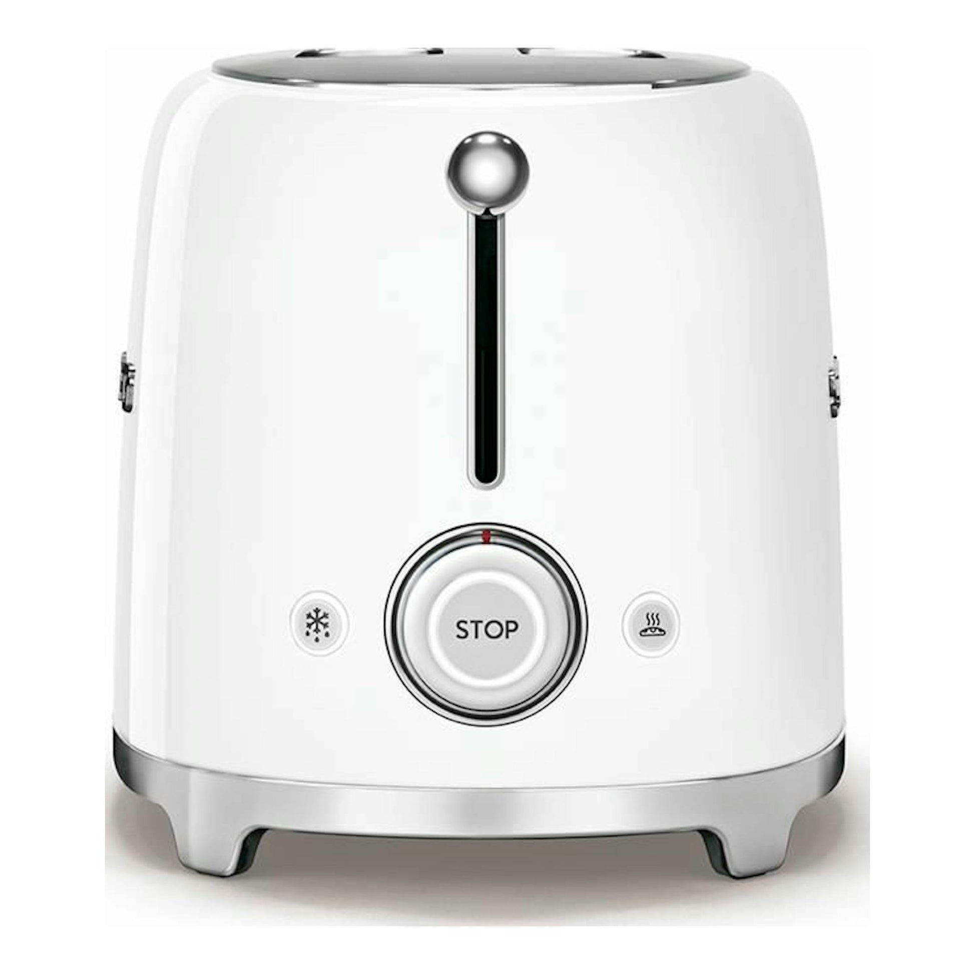 Tostador Smeg TSF01WHEU blanco, vista frontal, con palanca central y botón STOP.