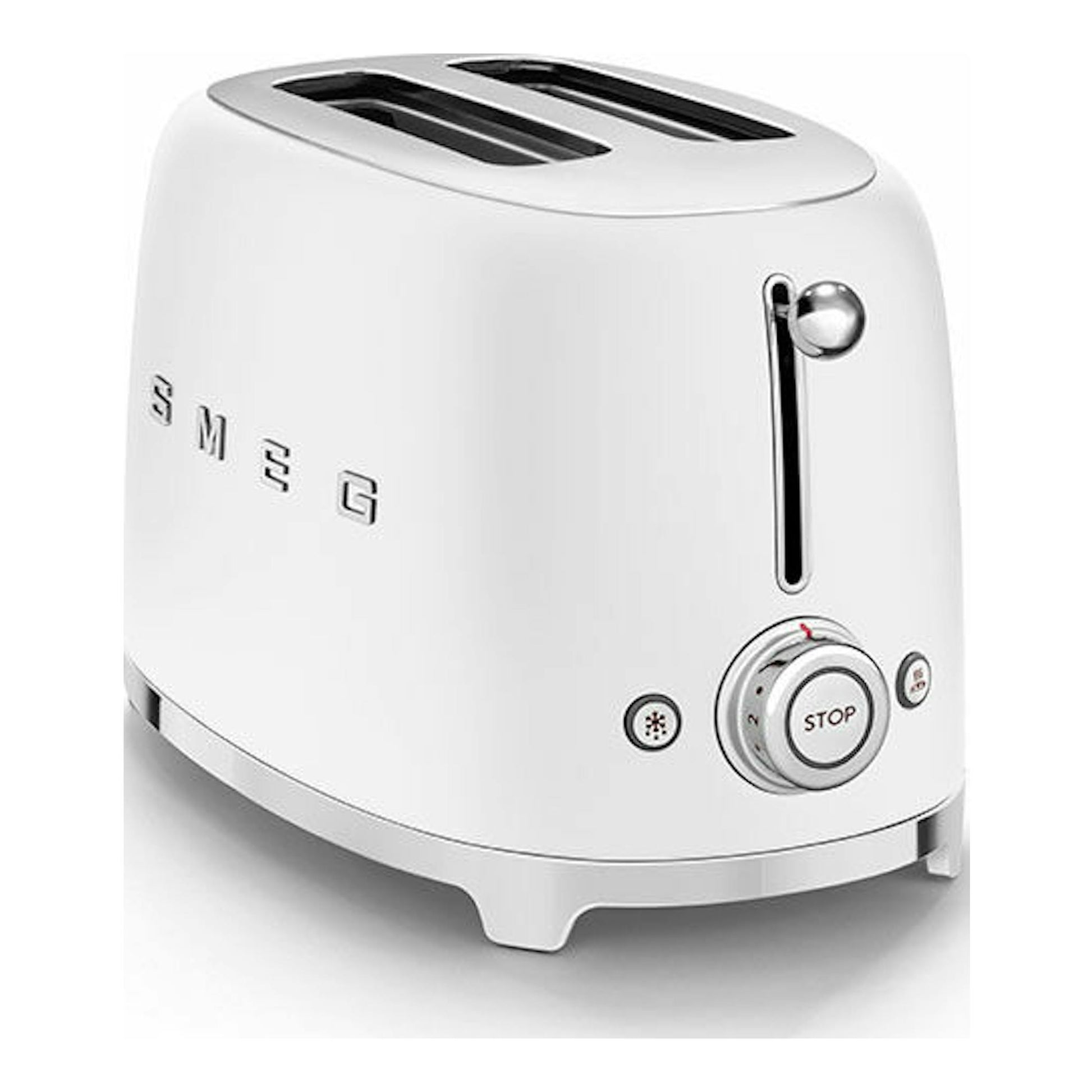Tostador Smeg TSF01WHMEU blanco mate, vista en tres cuartos, con dos ranuras y mandos frontales.