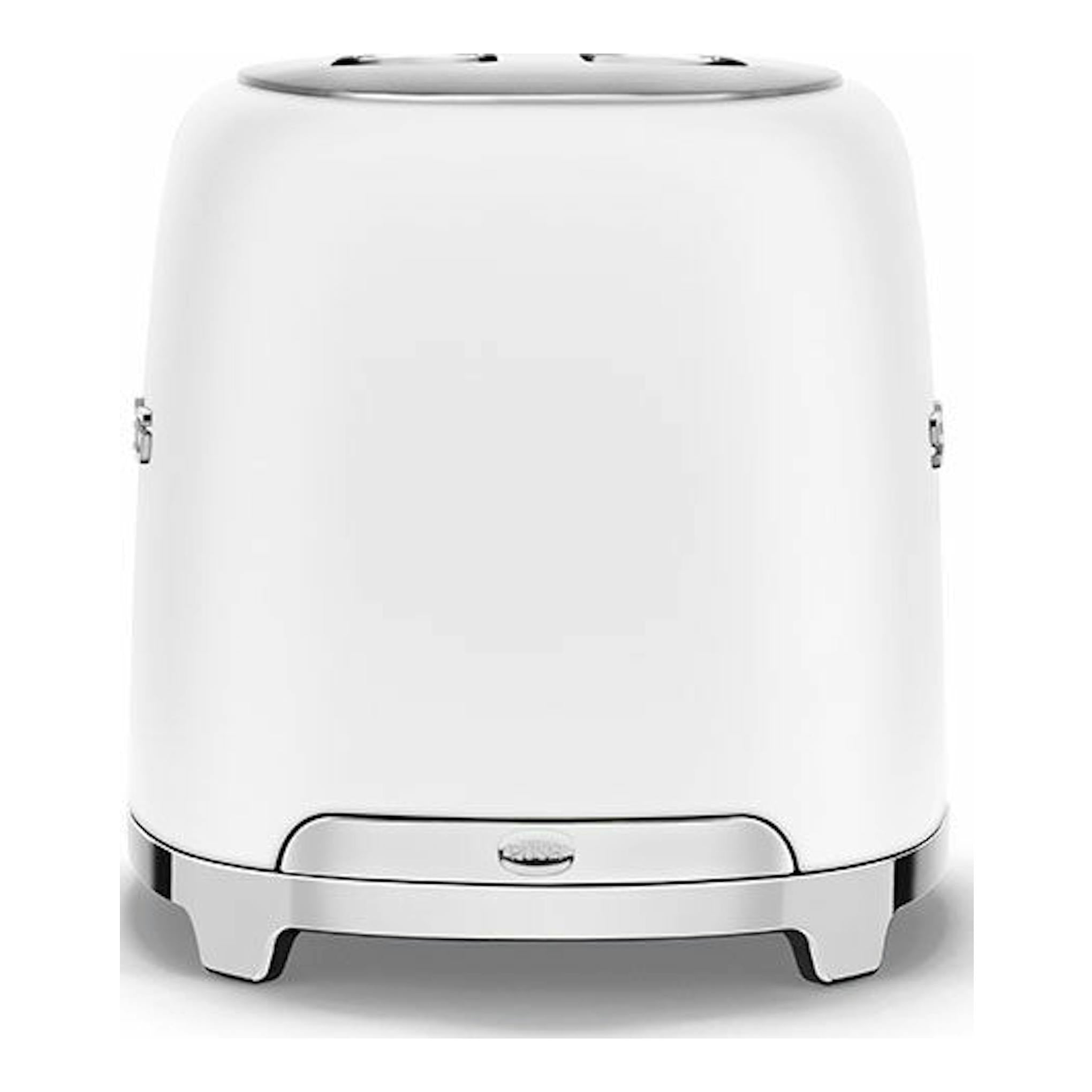 Tostador Smeg TSF01WHMEU blanco mate, vista frontal, con base y detalles cromados.