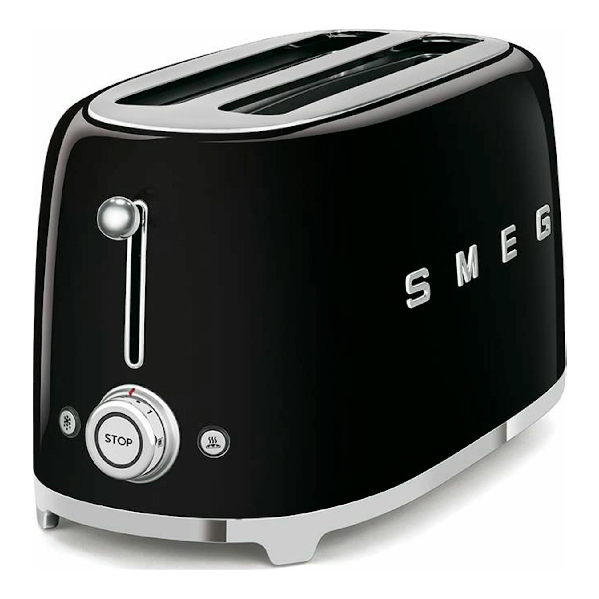 Tostador Smeg TSF02BLEU negro, vista frontal en ángulo, con dos ranuras y acabado cromado.